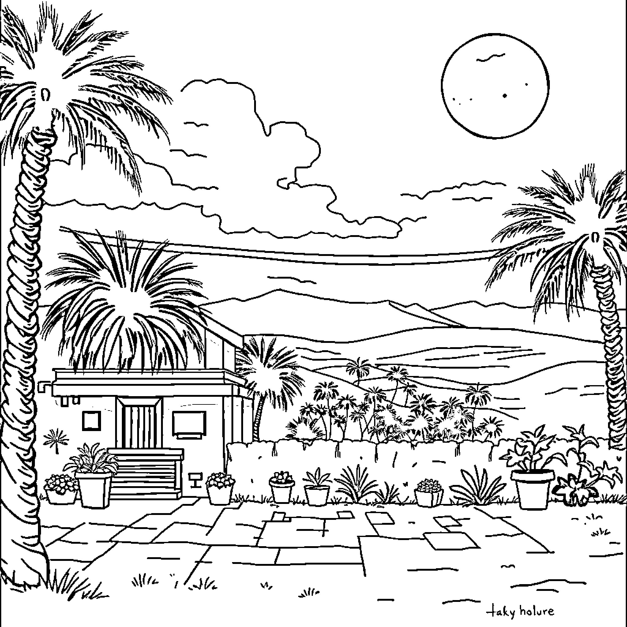 November Revolution: Idyllic Tropical Landscape Coloring Page (free black-and-white line drawing printable PDF for all, from beginners to advanced learners, including children, teens, adults, and seniors)
