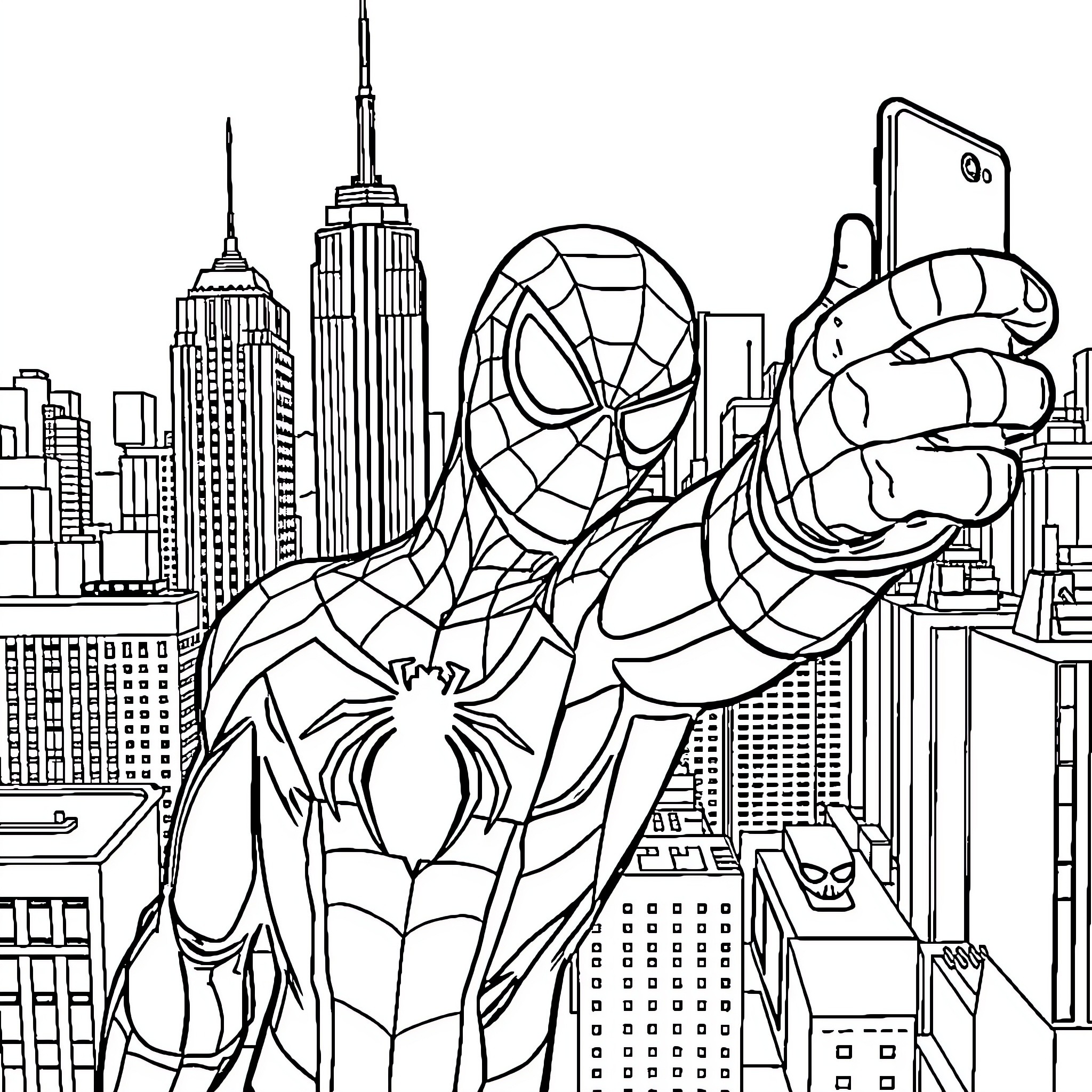 Spiderman swinging through the city skyline Coloring Page (free black-and-white line drawing printable PDF for all, from beginners to advanced learners, including children, teens, adults, and seniors)