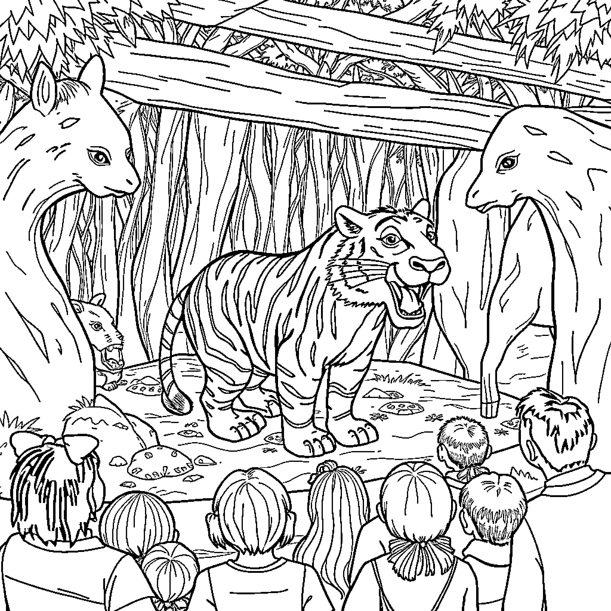 Animal Visitors in the Jungle Sanctuary Coloring Page (free black-and-white line drawing printable PDF for all, from beginners to advanced learners, including children, teens, adults, and seniors)