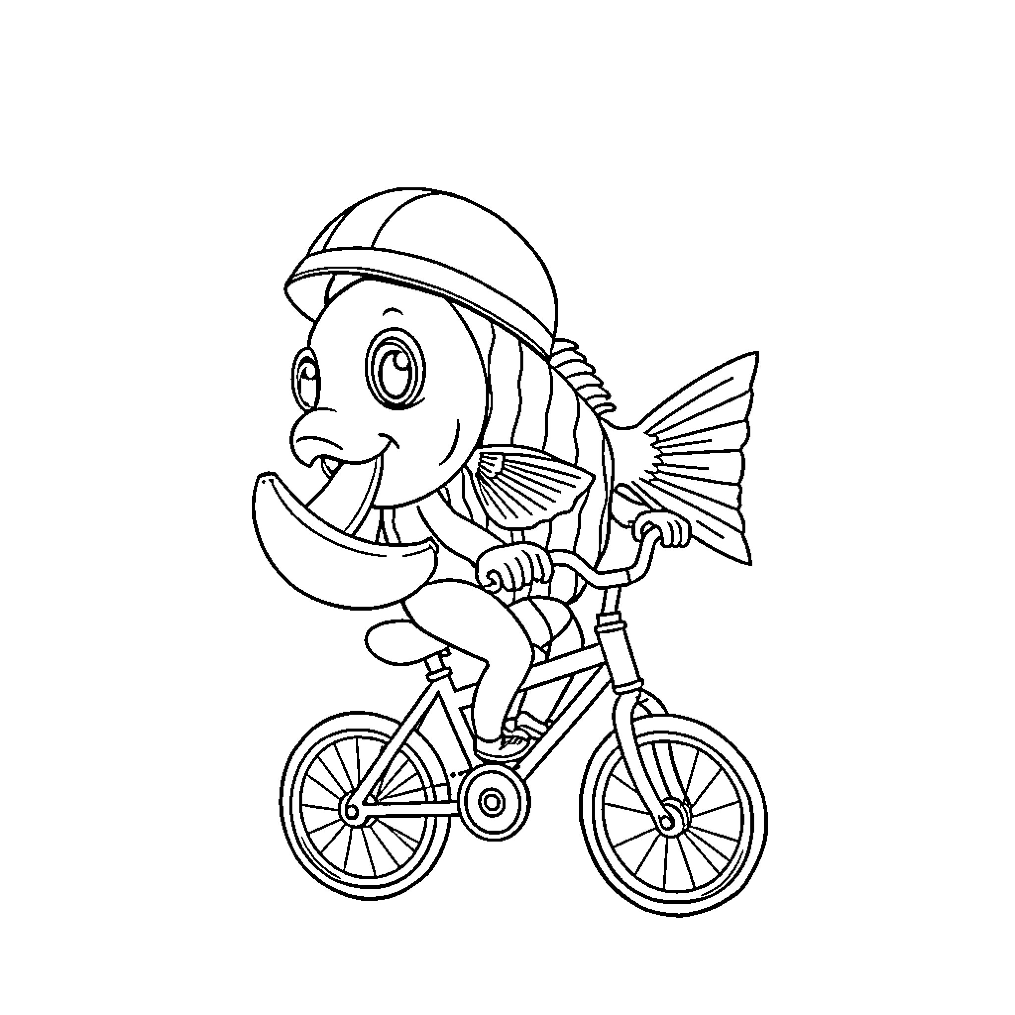Fish riding bicycle happily Coloring Page (free black-and-white line drawing printable PDF for all, from beginners to advanced learners, including children, teens, adults, and seniors)