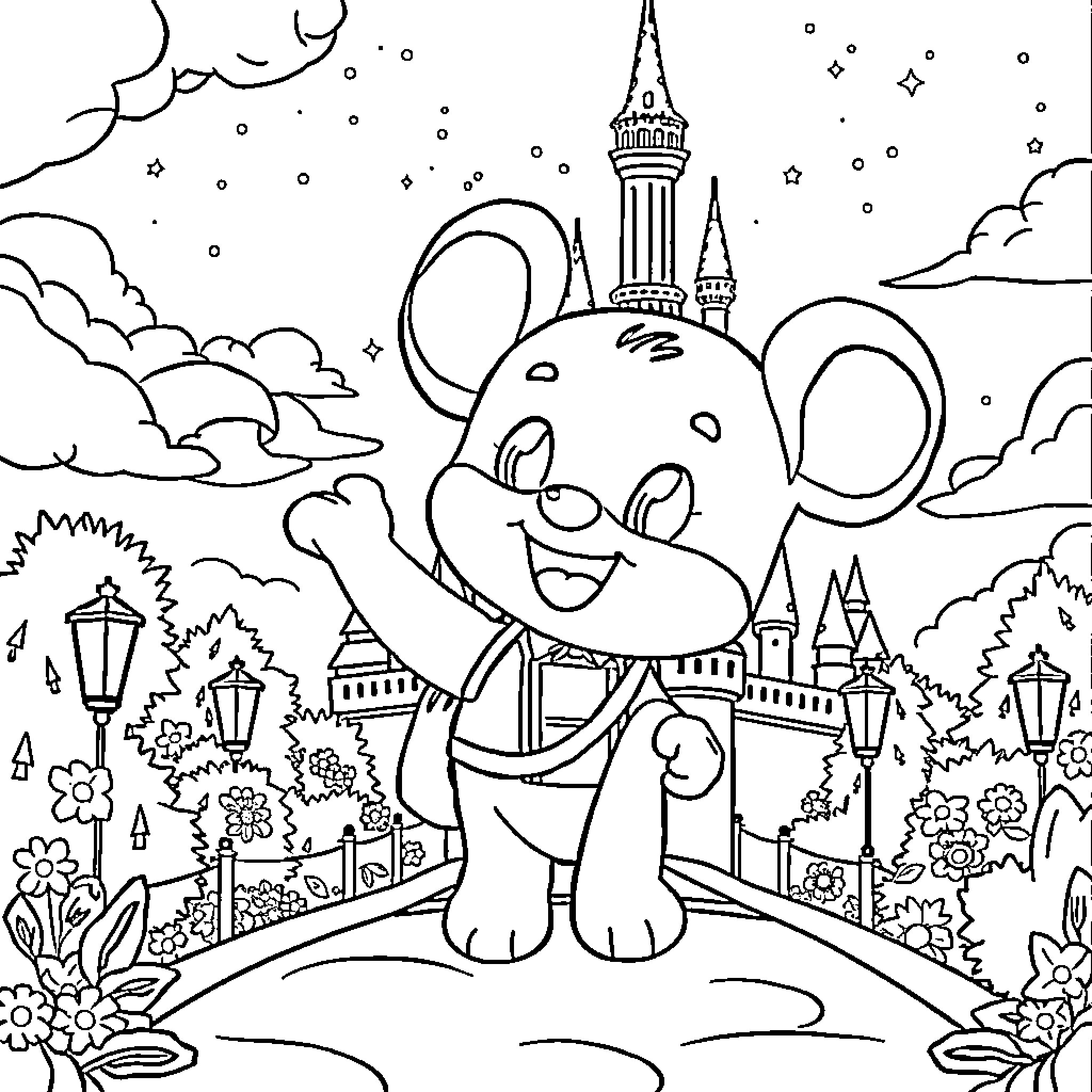 Bluey exploring a magical city landscape Coloring Page (free black-and-white line drawing printable PDF for all, from beginners to advanced learners, including children, teens, adults, and seniors)