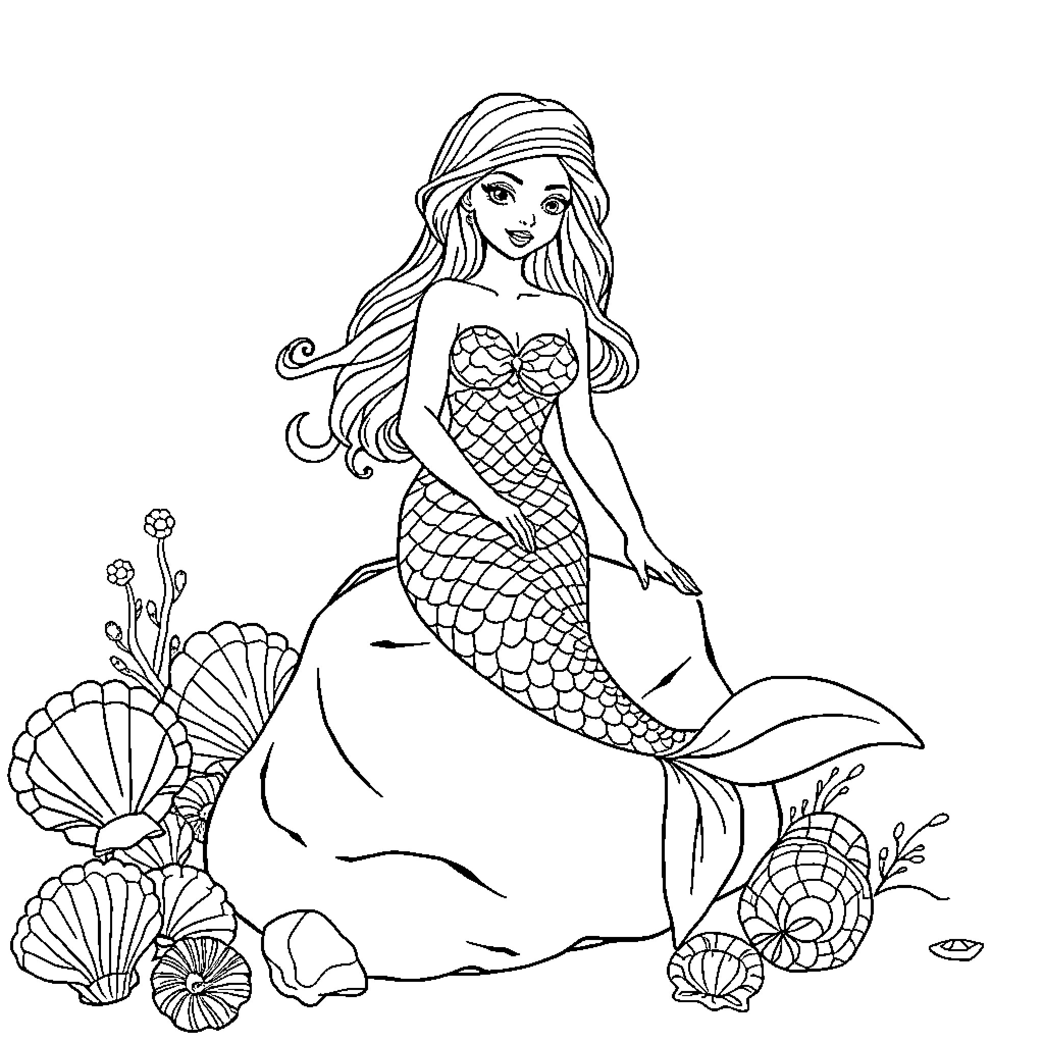 Mermaid sitting gracefully among sea shells Coloring Page (free black-and-white line drawing printable PDF for all, from beginners to advanced learners, including children, teens, adults, and seniors)