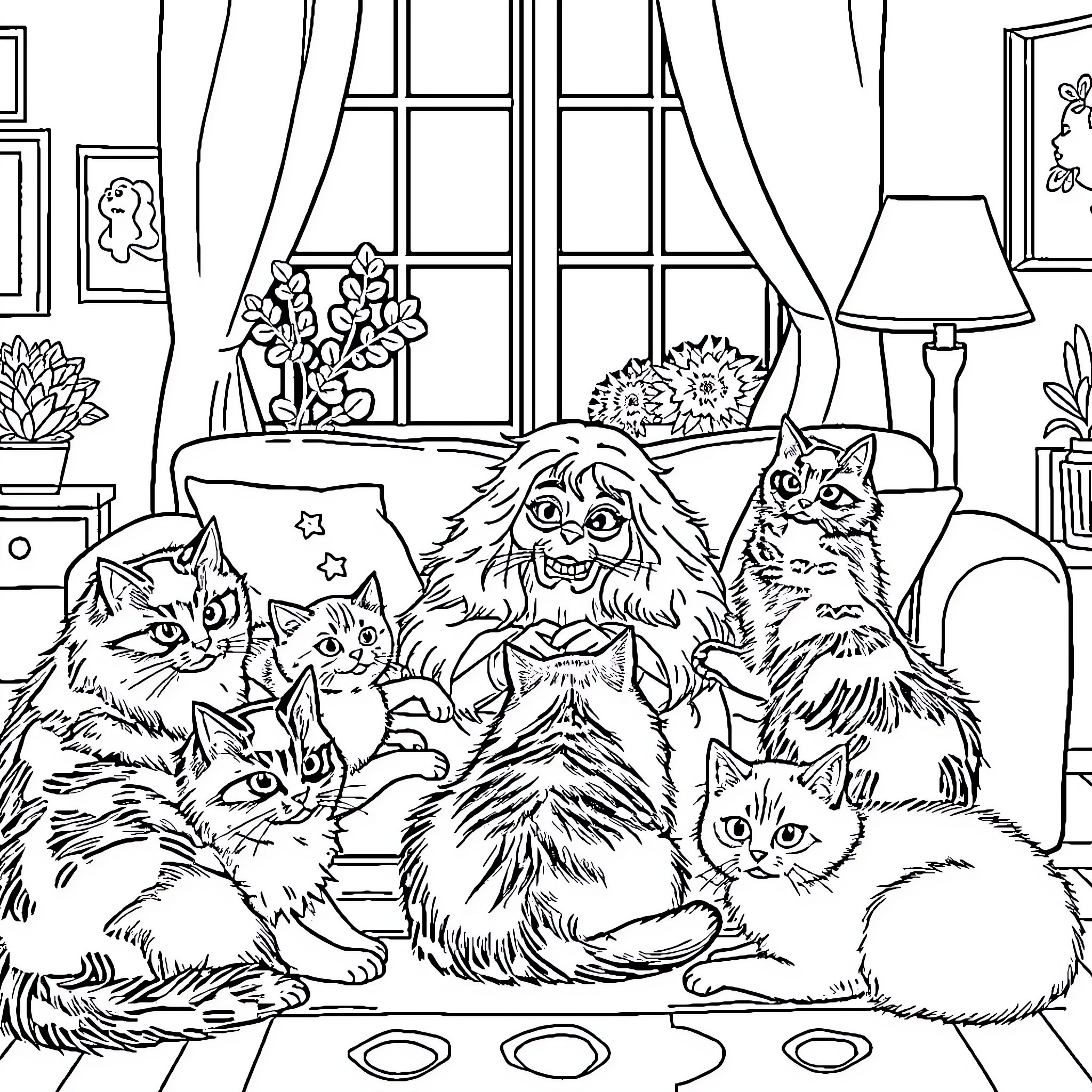 Cat Family Gathering in Cozy Living Room Coloring Page (free black-and-white line drawing printable PDF for all, from beginners to advanced learners, including children, teens, adults, and seniors)