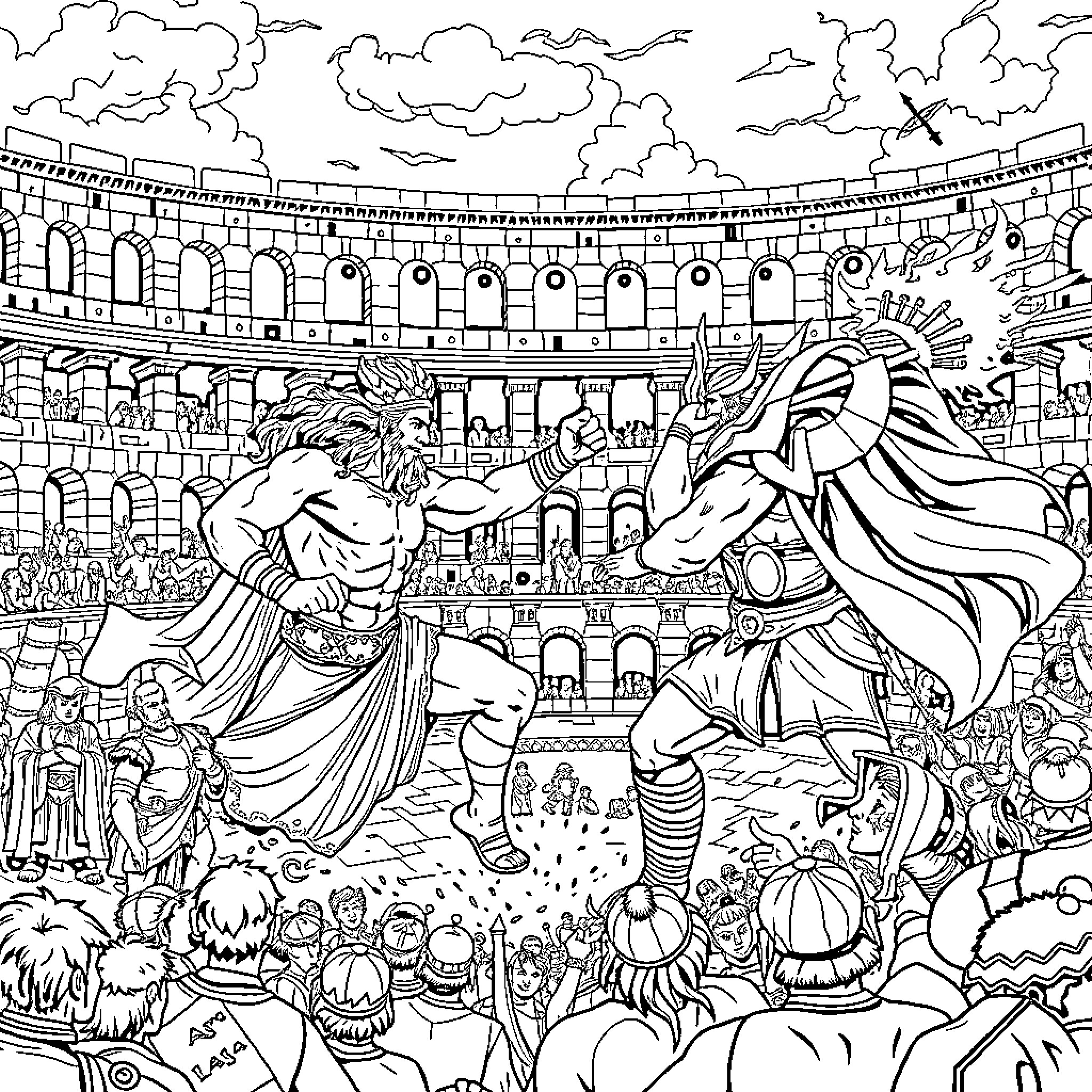 Zeus Battling Mythical Creatures in an Ancient Colosseum Coloring Page (free black-and-white line drawing printable PDF for all, from beginners to advanced learners, including children, teens, adults, and seniors)