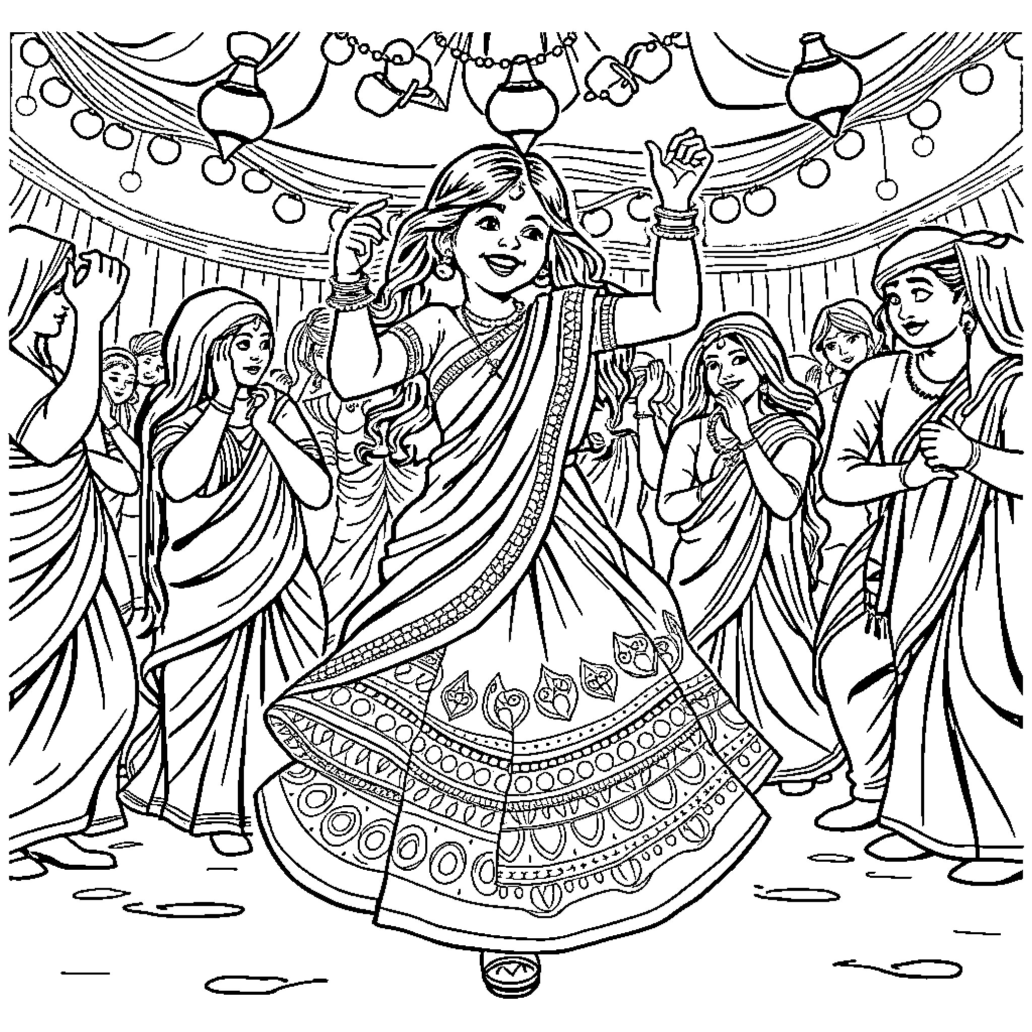 Girl Celebrating at a Traditional Indian Festival Coloring Page (free black-and-white line drawing printable PDF for all, from beginners to advanced learners, including children, teens, adults, and seniors)