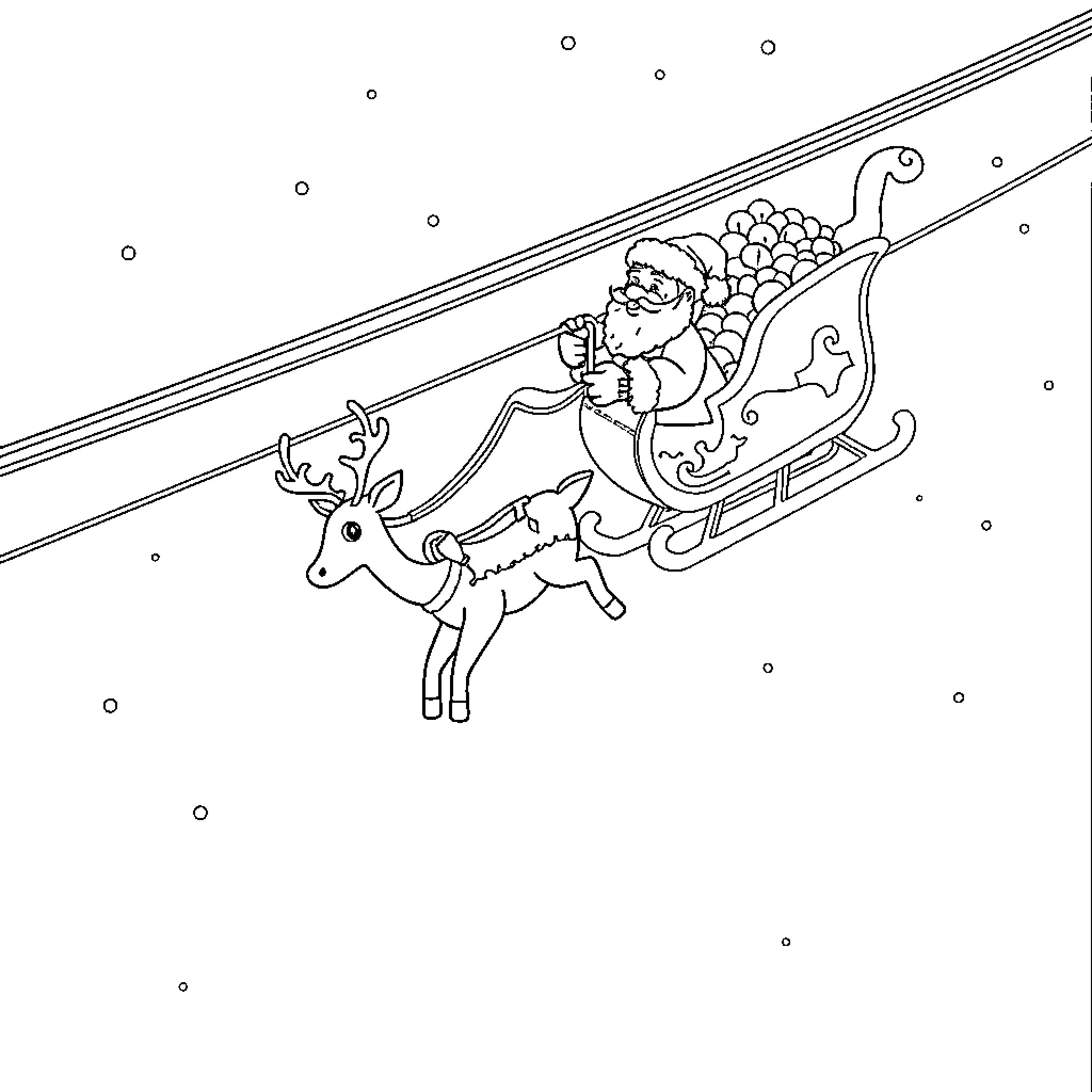 Sleigh ride with Santa and reindeer Coloring Page (free black-and-white line drawing printable PDF for all, from beginners to advanced learners, including children, teens, adults, and seniors)