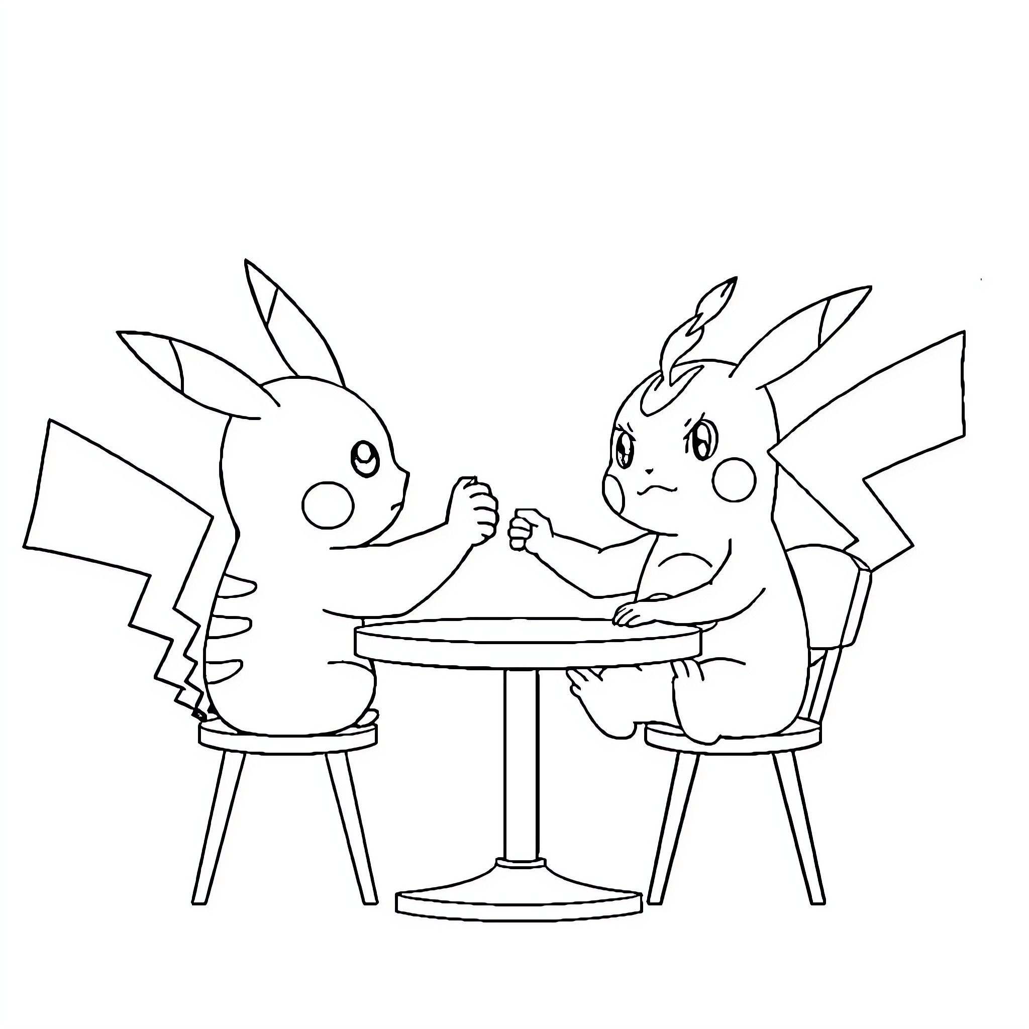 Pikachu playing a game with another Pikachu Coloring Page (free black-and-white line drawing printable PDF for all, from beginners to advanced learners, including children, teens, adults, and seniors)