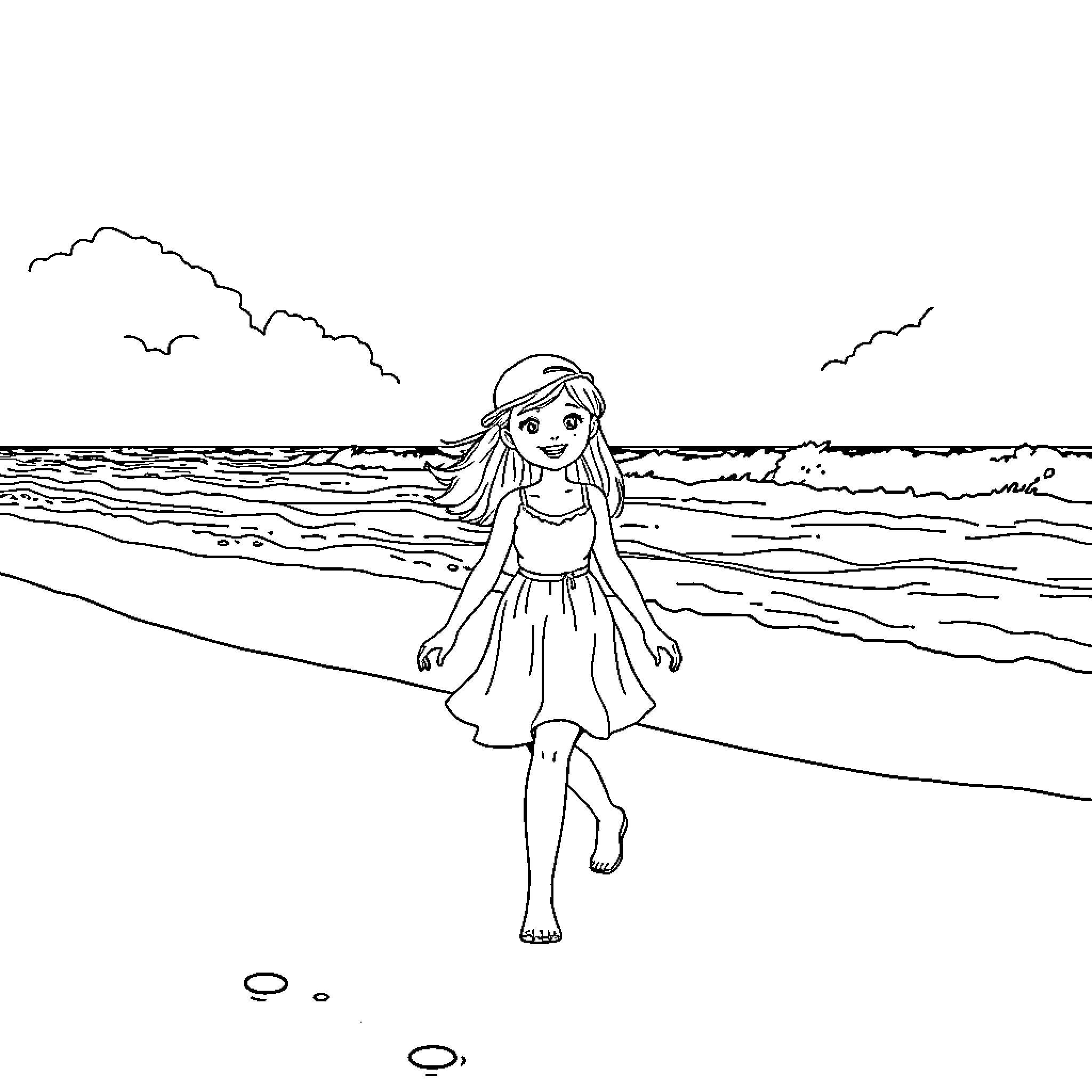 Mathilde walking barefoot along the seashore Coloring Page (free black-and-white line drawing printable PDF for all, from beginners to advanced learners, including children, teens, adults, and seniors)