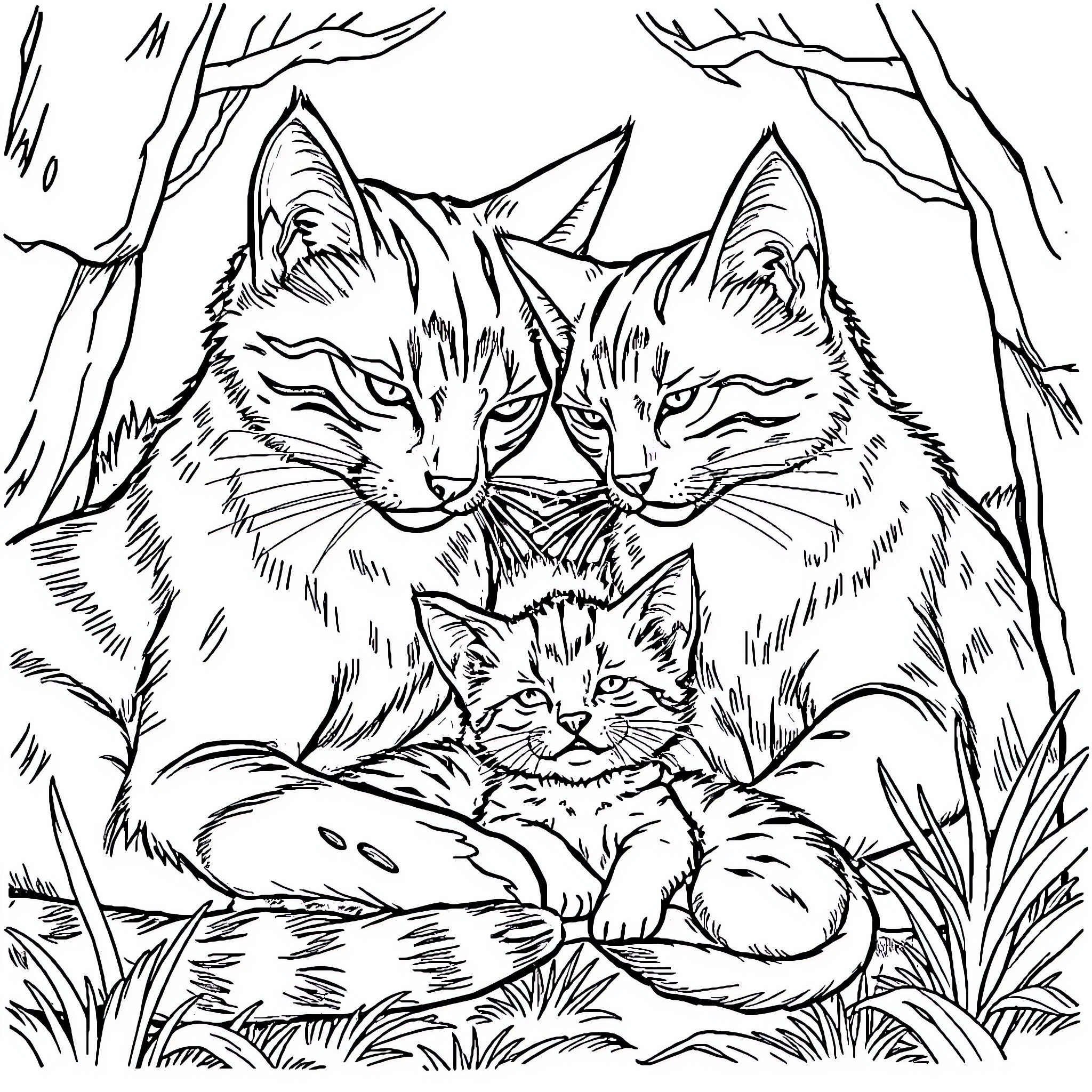Warrior Cats defending their young in the wilderness Coloring Page (free black-and-white line drawing printable PDF for all, from beginners to advanced learners, including children, teens, adults, and seniors)