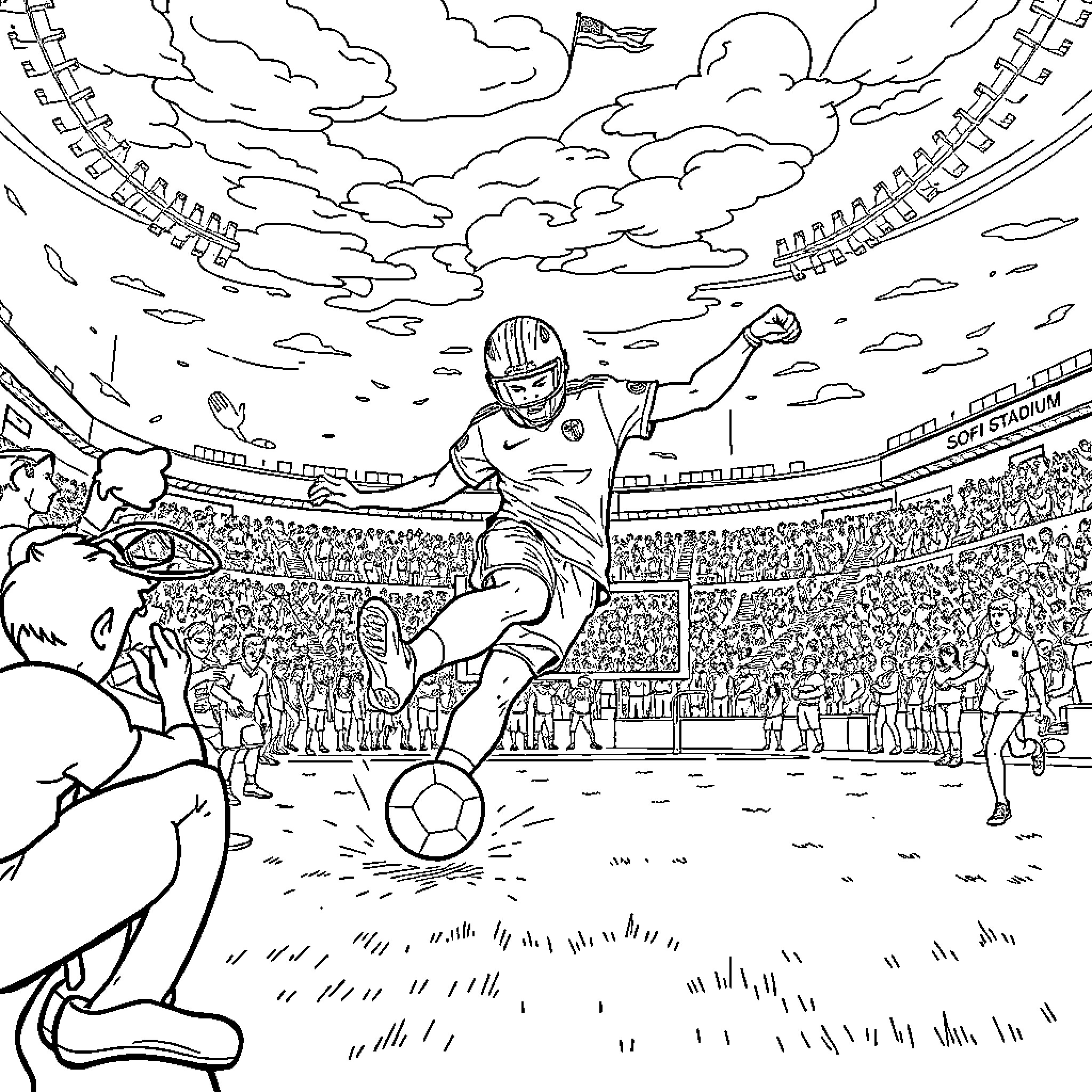 Cameron Dicker playing soccer in a stadium Coloring Page (free black-and-white line drawing printable PDF for all, from beginners to advanced learners, including children, teens, adults, and seniors)