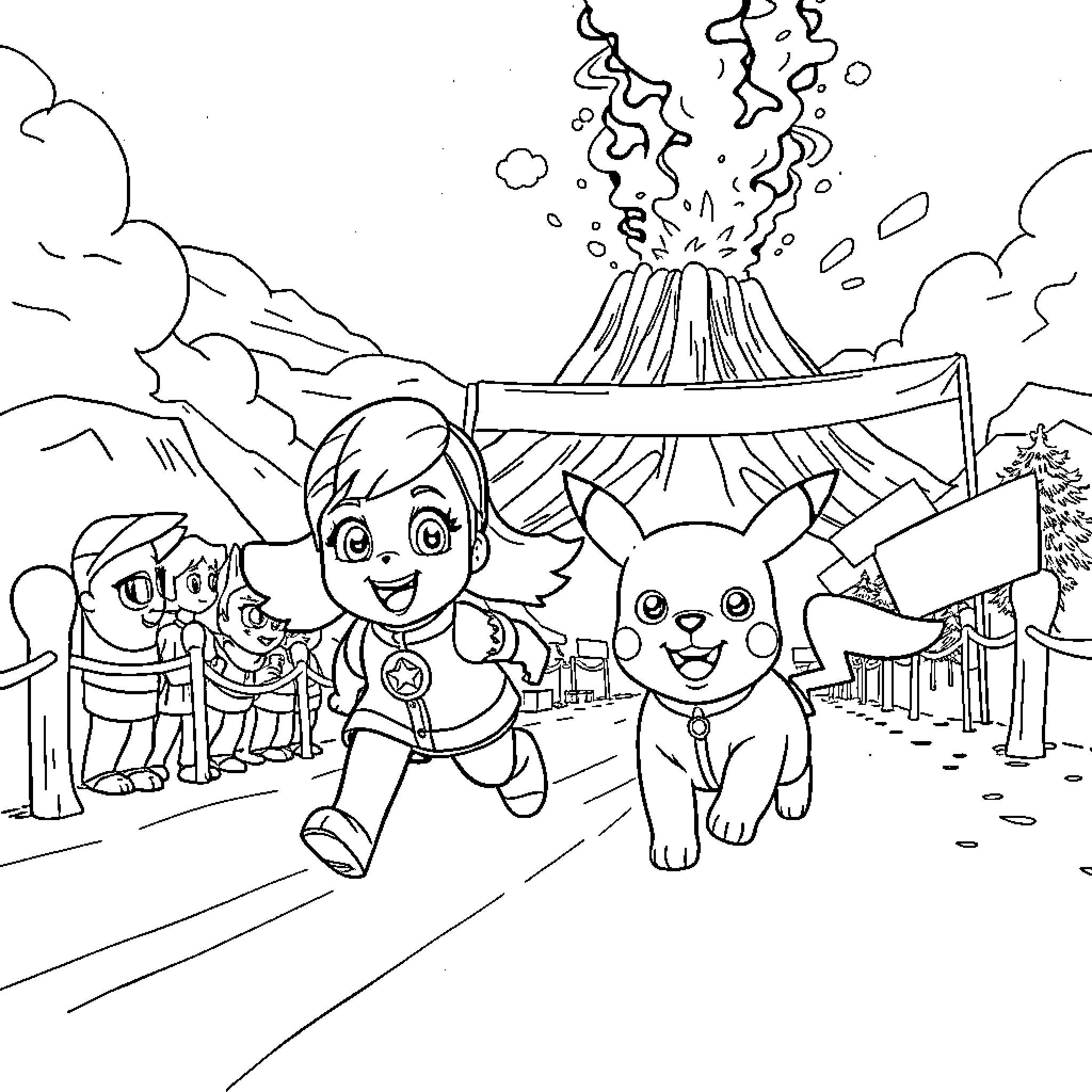 Stella and Friends Explore the Volcanic Landscape Coloring Page (free black-and-white line drawing printable PDF for all, from beginners to advanced learners, including children, teens, adults, and seniors)