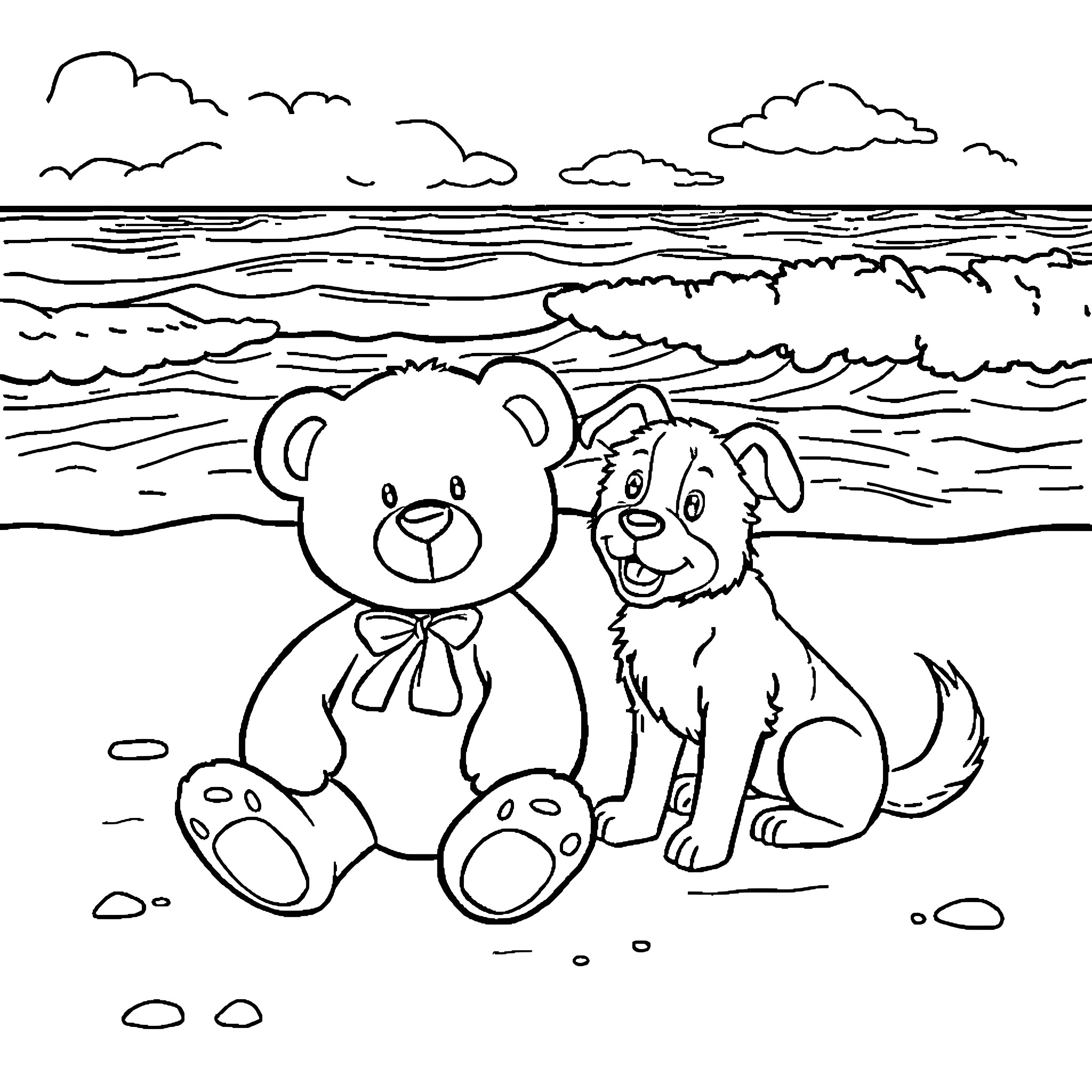 Teddy Bear and Puppy at the Beach Coloring Page (free black-and-white line drawing printable PDF for all, from beginners to advanced learners, including children, teens, adults, and seniors)