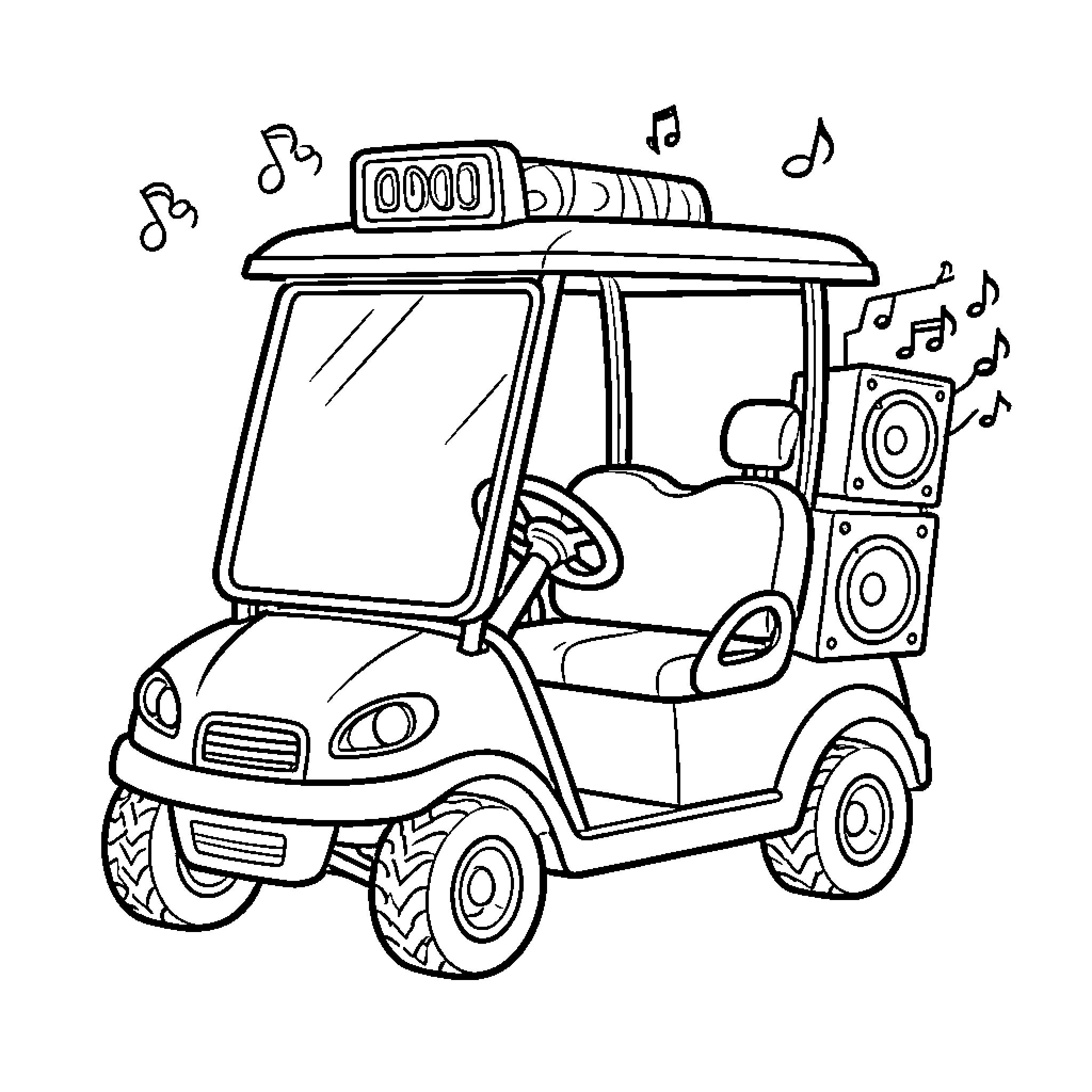 Golf Cart playing music with loud speakers Coloring Page (free black-and-white line drawing printable PDF for all, from beginners to advanced learners, including children, teens, adults, and seniors)