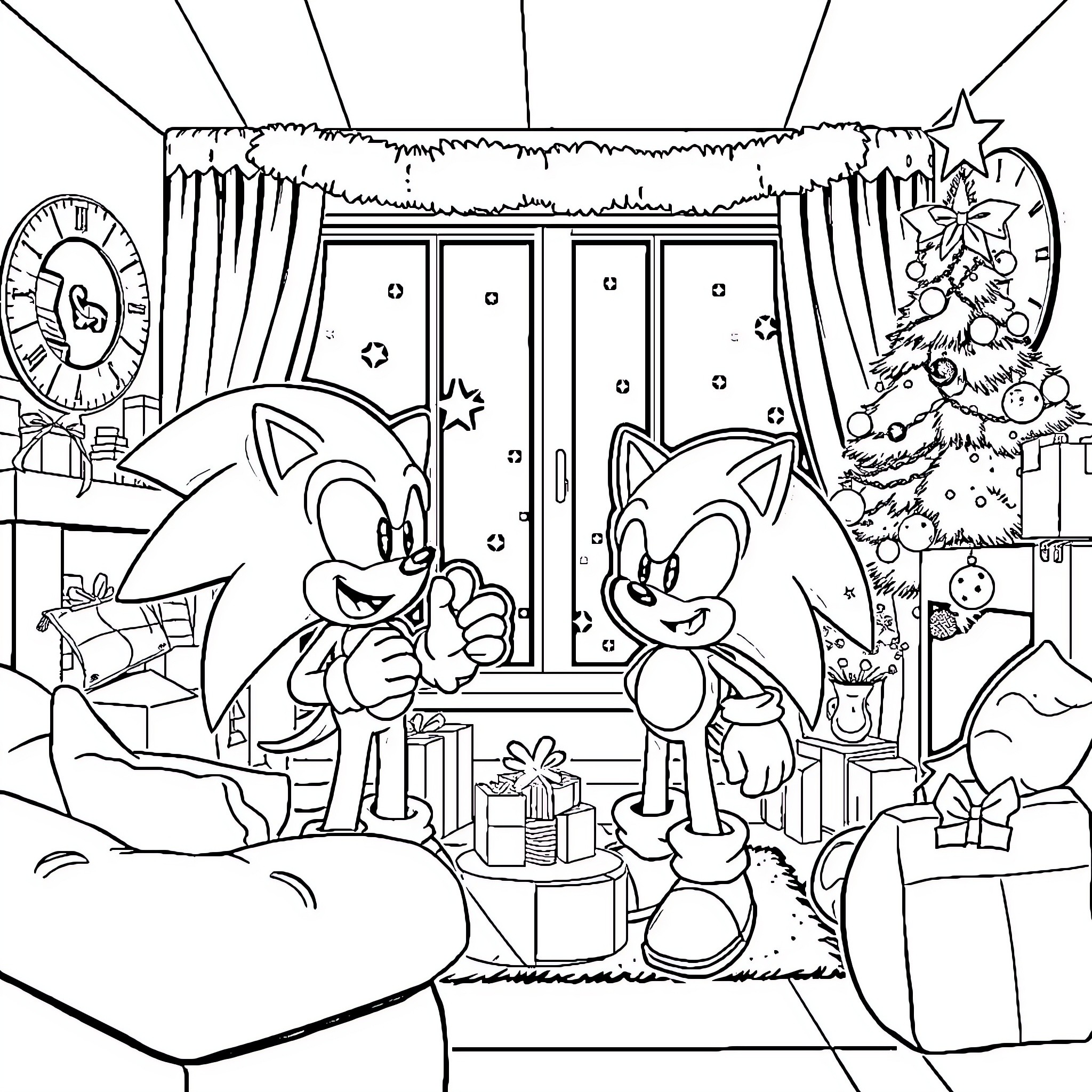 Sonic Celebrating Christmas with Friends Coloring Page (free black-and-white line drawing printable PDF for all, from beginners to advanced learners, including children, teens, adults, and seniors)