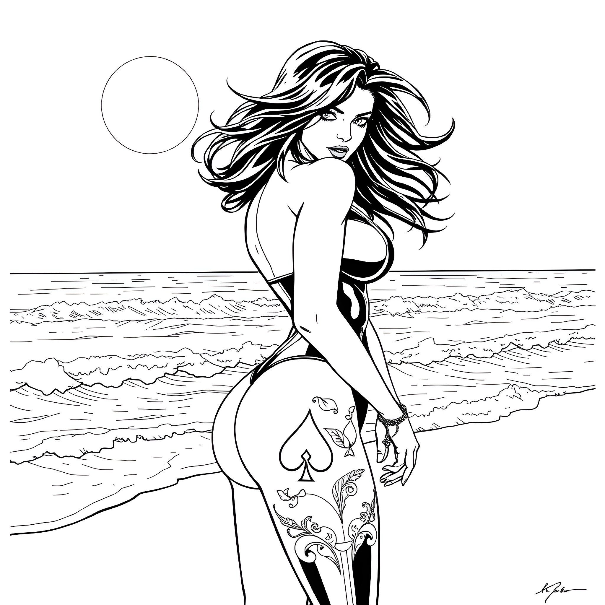 Psylocke: Powerful Mutant Heroine in Fierce Pose Coloring Page (free black-and-white line drawing printable PDF for all, from beginners to advanced learners, including children, teens, adults, and seniors)