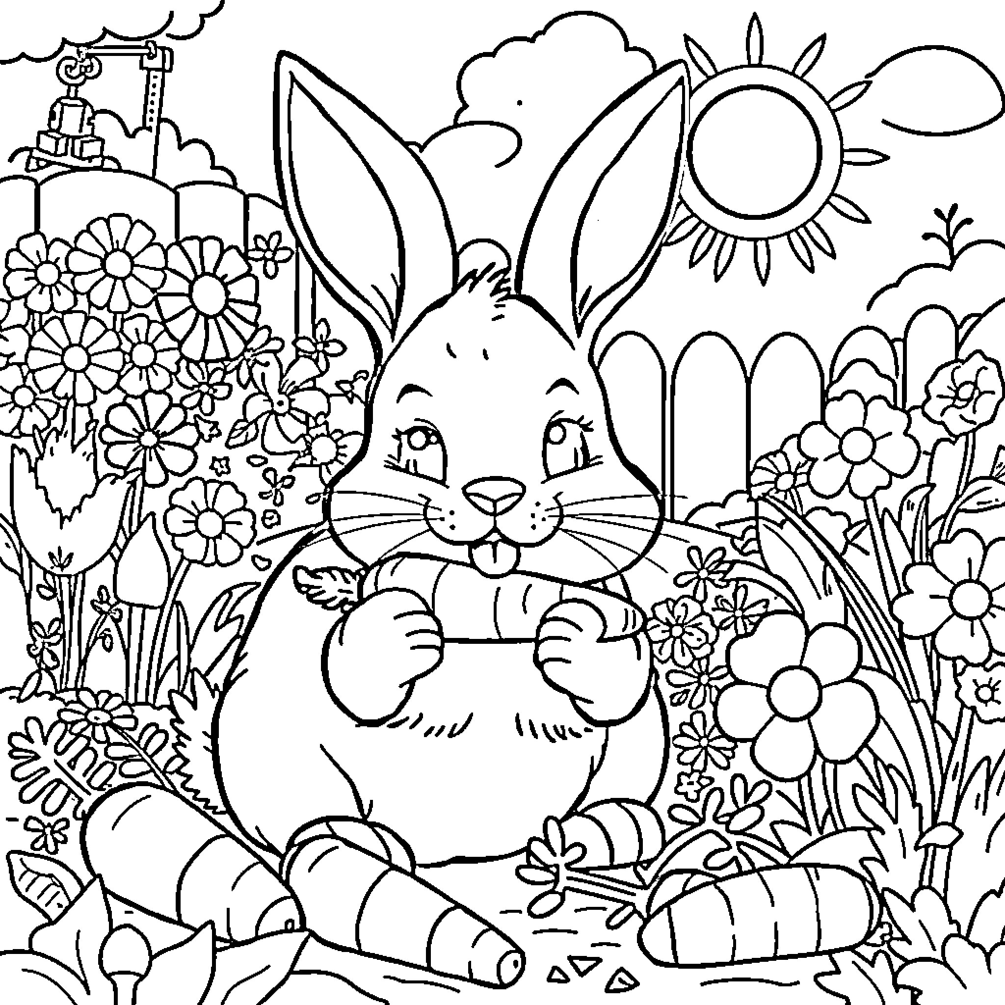 Bunny relaxing amidst a vibrant garden Coloring Page (free black-and-white line drawing printable PDF for all, from beginners to advanced learners, including children, teens, adults, and seniors)