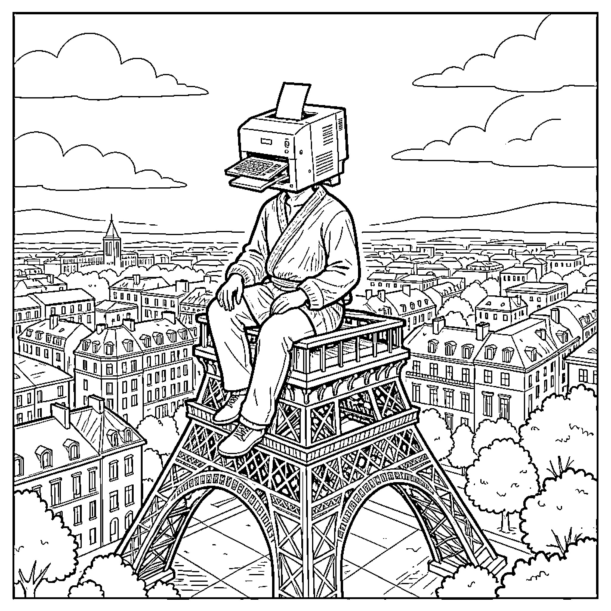 Homme with printer head sitting atop Eiffel Tower Coloring Page (free black-and-white line drawing printable PDF for all, from beginners to advanced learners, including children, teens, adults, and seniors)