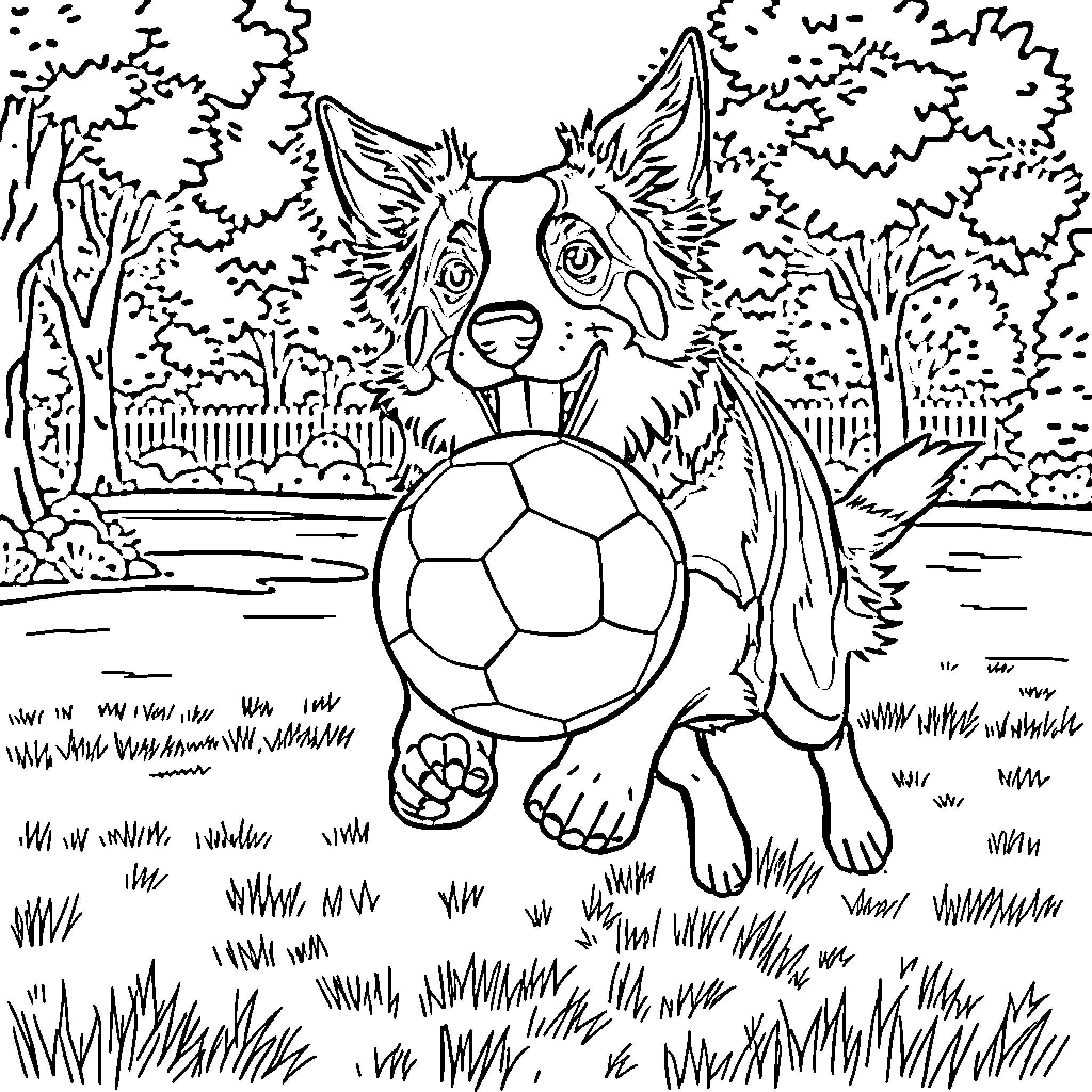 Border Collie playing with a soccer ball in the park Coloring Page (free black-and-white line drawing printable PDF for all, from beginners to advanced learners, including children, teens, adults, and seniors)