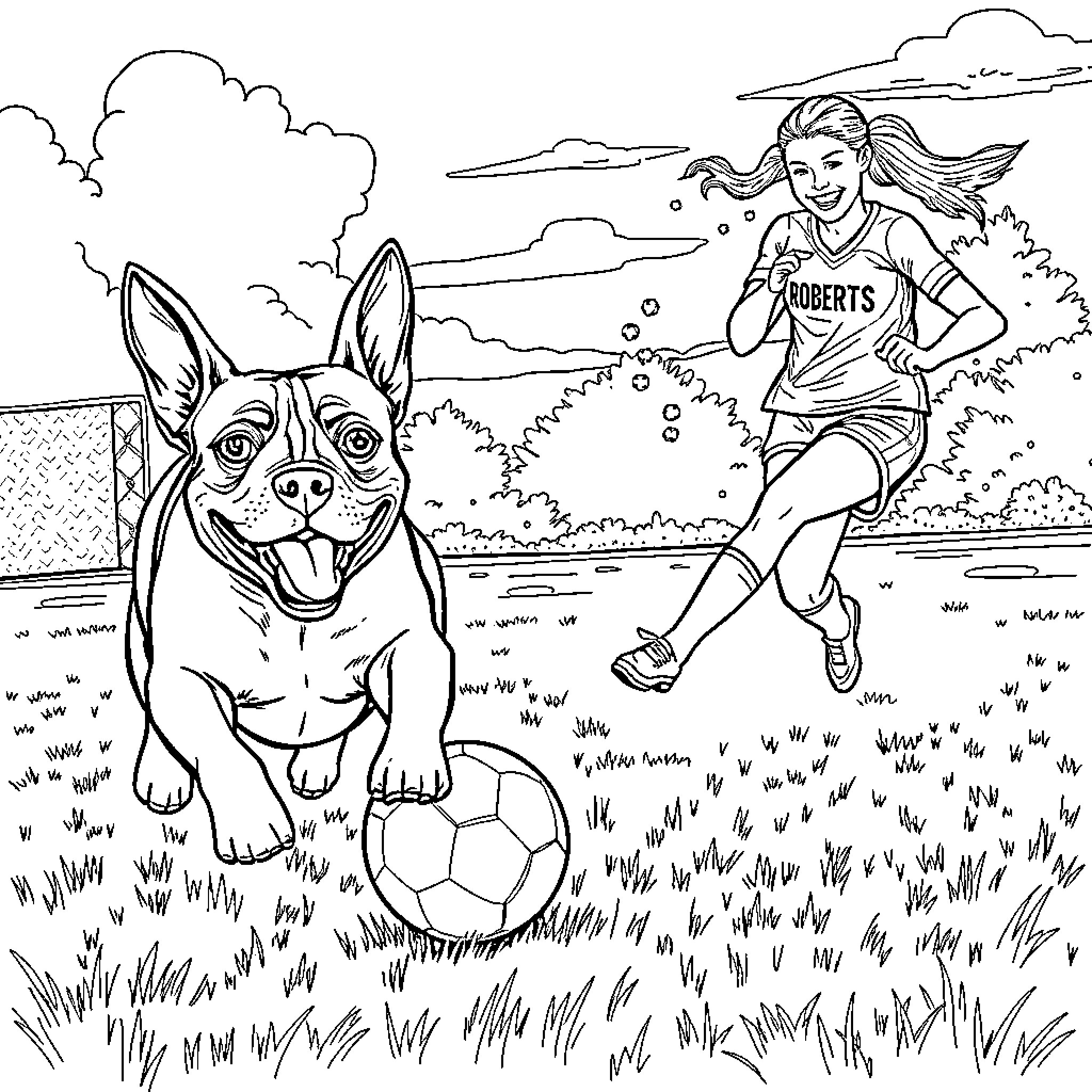 Boston Terrier playing with a soccer ball in the park Coloring Page (free black-and-white line drawing printable PDF for all, from beginners to advanced learners, including children, teens, adults, and seniors)