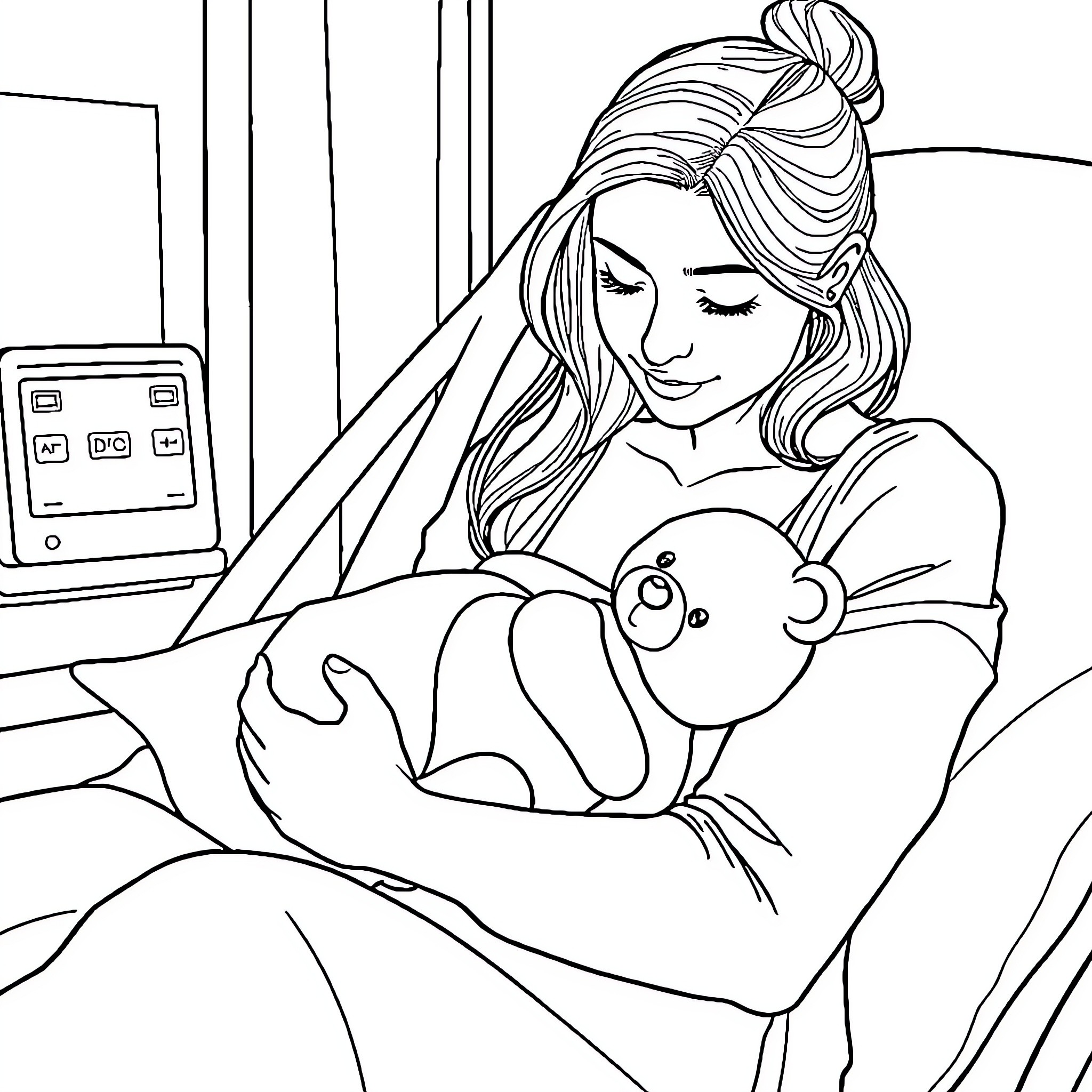 Mother comforting her child in a serene moment Coloring Page (free black-and-white line drawing printable PDF for all, from beginners to advanced learners, including children, teens, adults, and seniors)