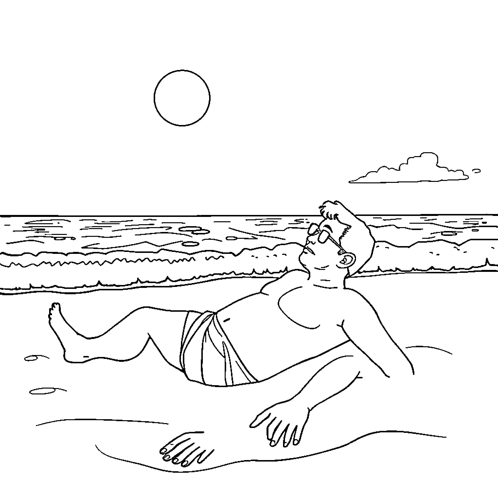 Juan Carlos Bodoque relaxing on the beach Coloring Page (free black-and-white line drawing printable PDF for all, from beginners to advanced learners, including children, teens, adults, and seniors)