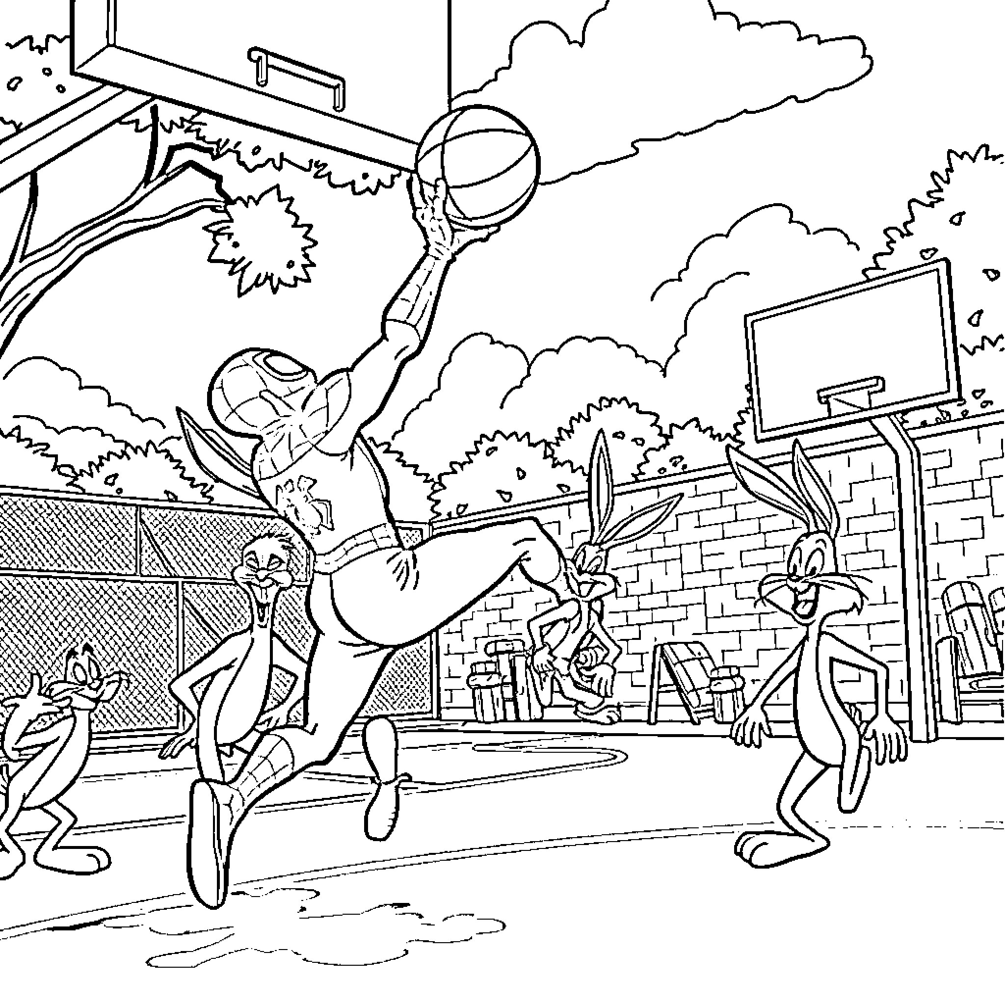 Spiderman's basketball showdown with Bugs Bunny Coloring Page (free black-and-white line drawing printable PDF for all, from beginners to advanced learners, including children, teens, adults, and seniors)