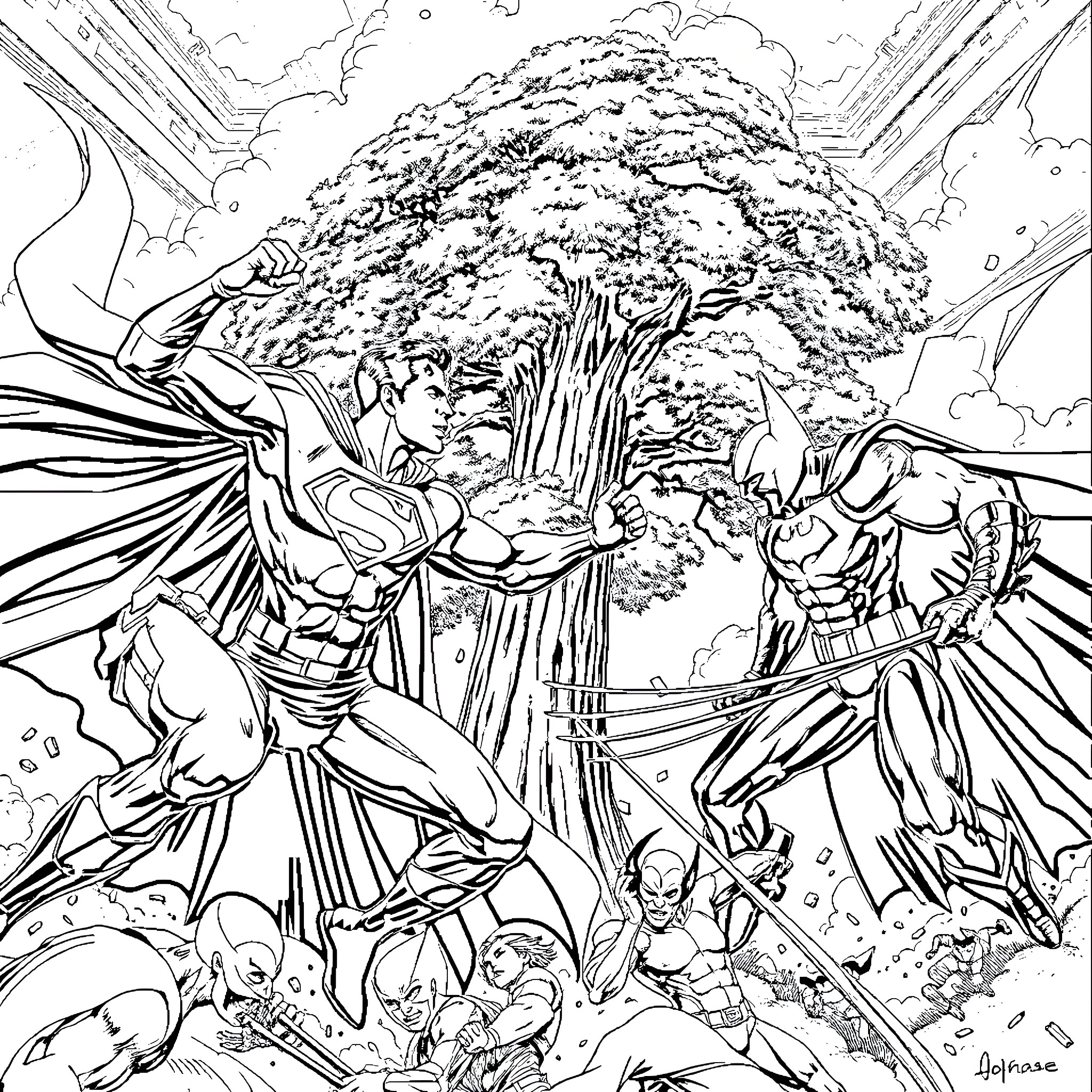 Superman and Batman in an epic battle Coloring Page (free black-and-white line drawing printable PDF for all, from beginners to advanced learners, including children, teens, adults, and seniors)