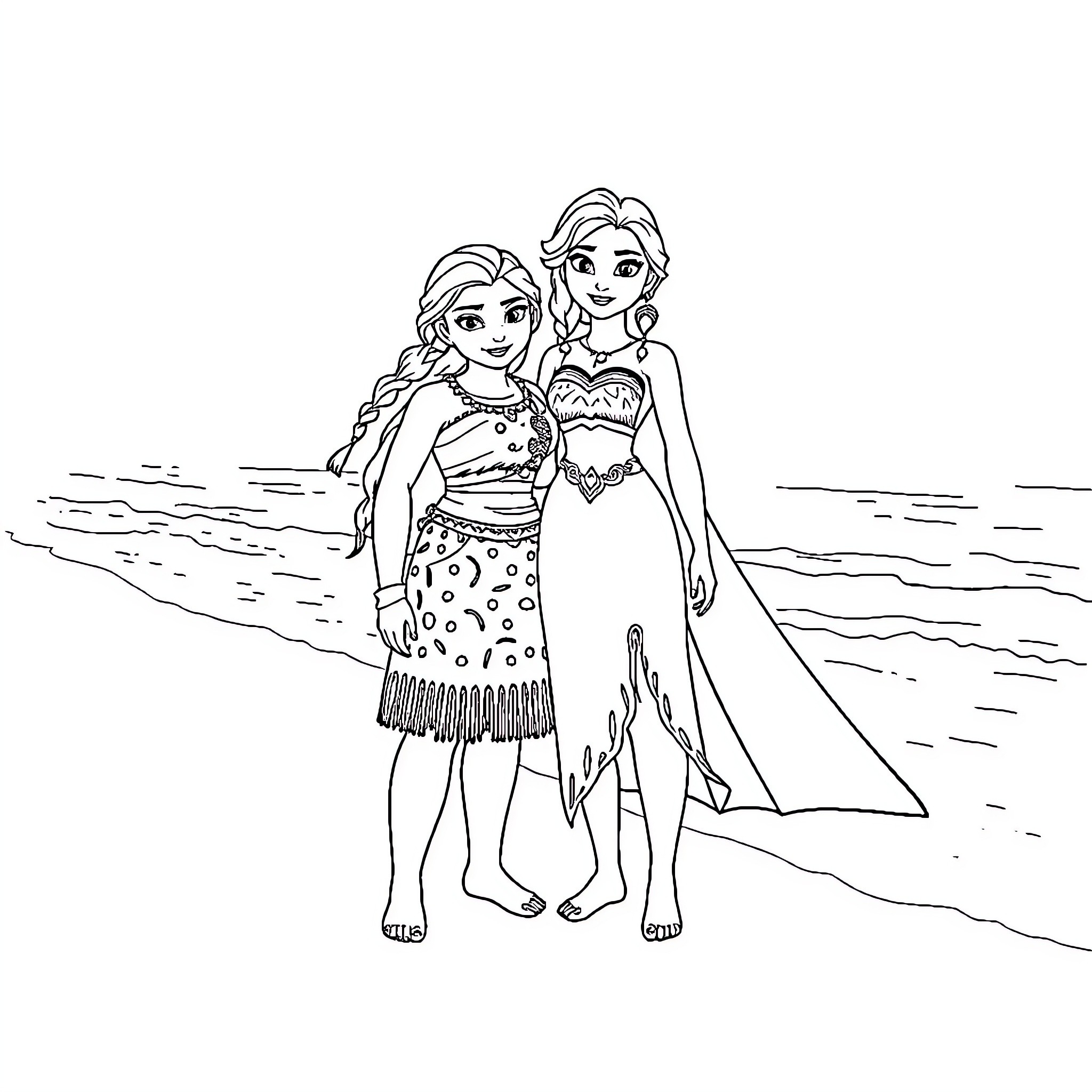 Moana and Elsa enjoying the beach together Coloring Page (free black-and-white line drawing printable PDF for all, from beginners to advanced learners, including children, teens, adults, and seniors)