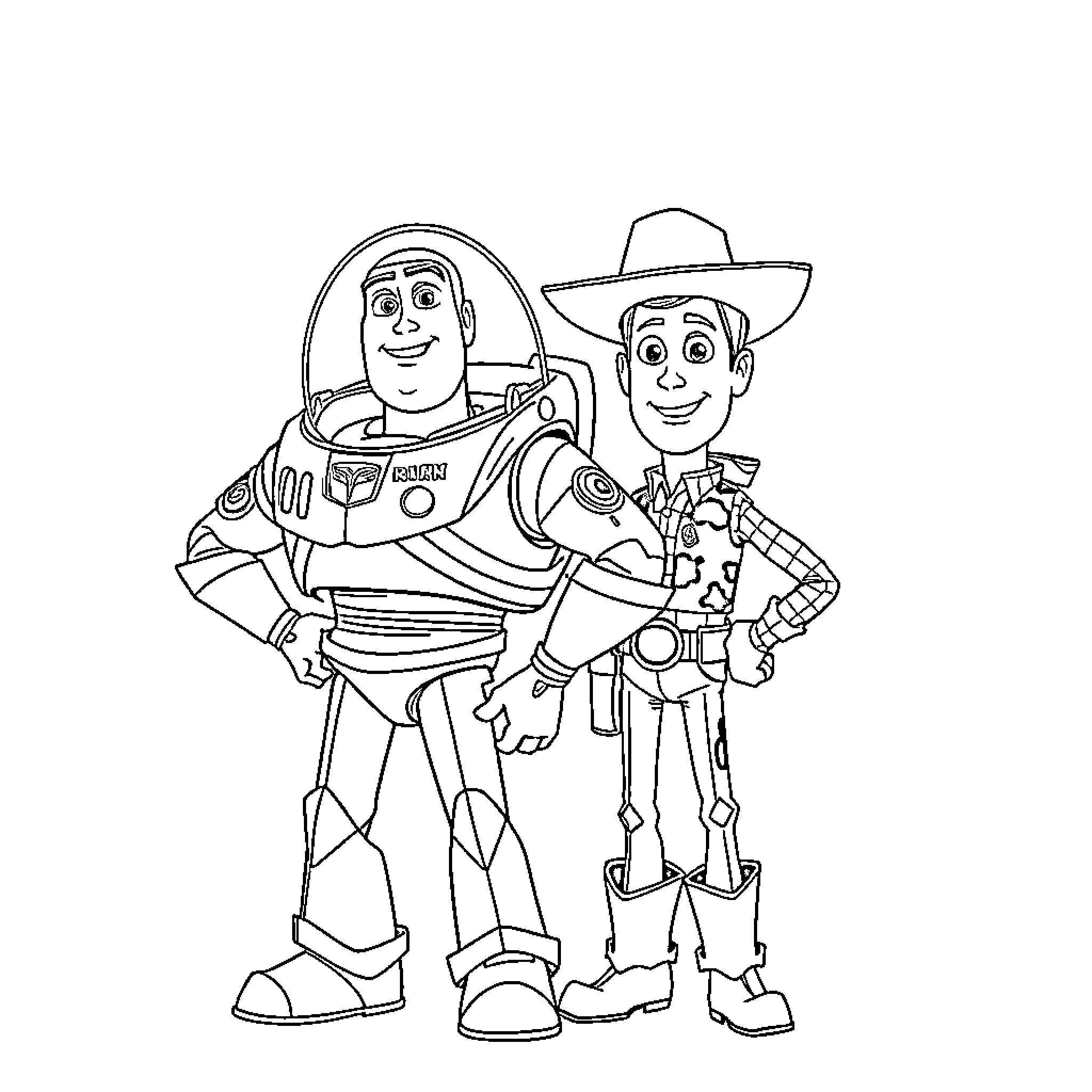 Buzz and Woody playing together happily Coloring Page (free black-and-white line drawing printable PDF for all, from beginners to advanced learners, including children, teens, adults, and seniors)