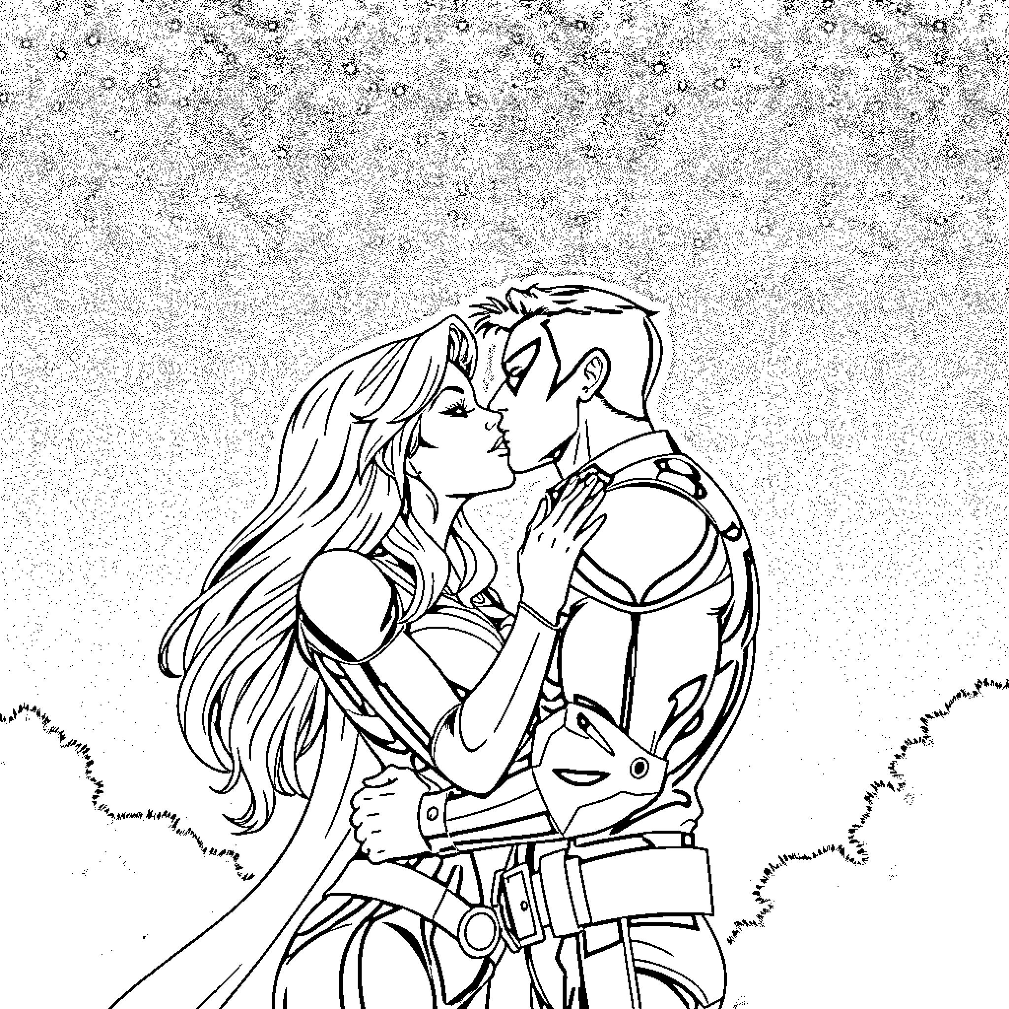 Xmen romantic couple sharing intimate moment Coloring Page (free black-and-white line drawing printable PDF for all, from beginners to advanced learners, including children, teens, adults, and seniors)