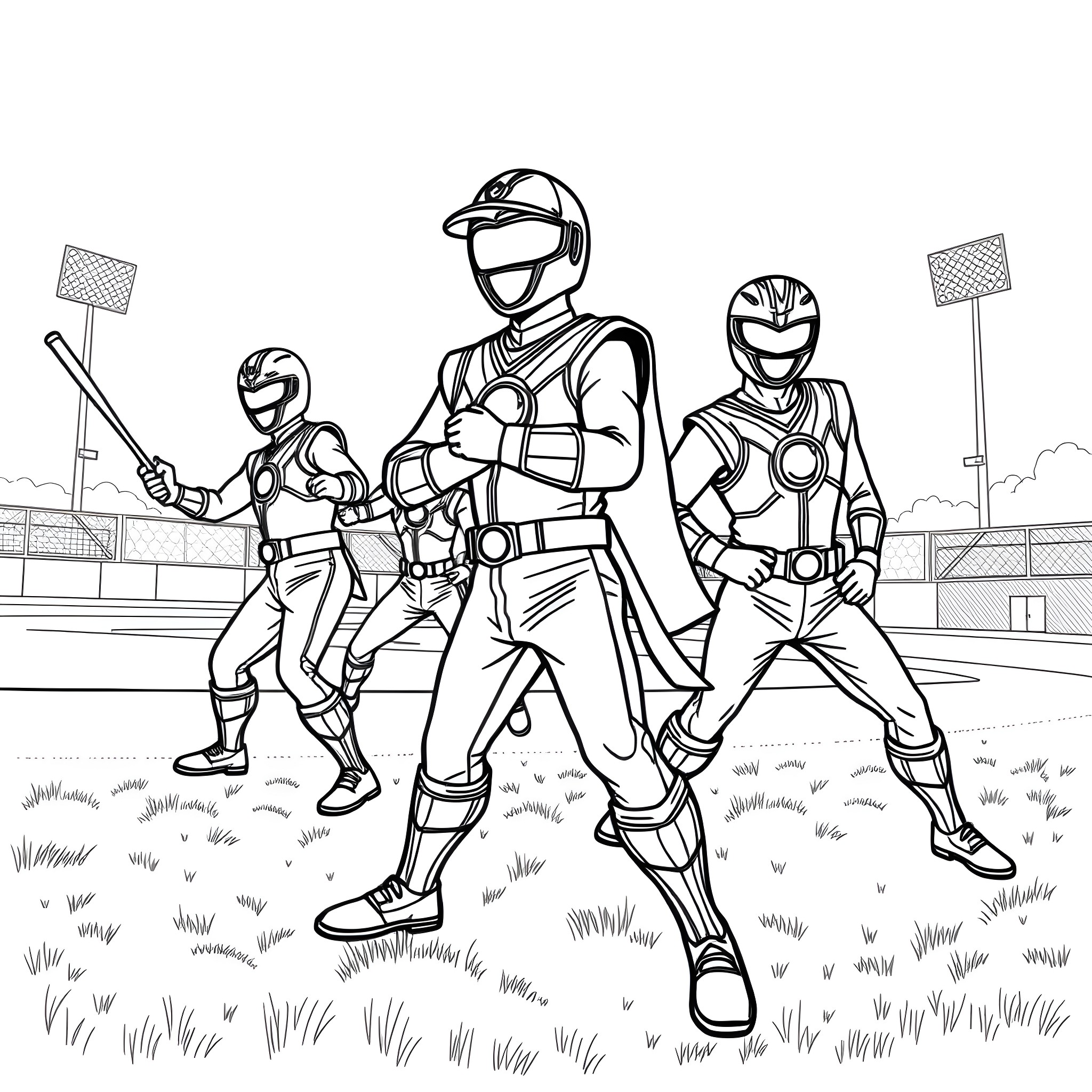 Power Rangers Heroic Team Poses in Outdoor Arena Coloring Page (free black-and-white line drawing printable PDF for all, from beginners to advanced learners, including children, teens, adults, and seniors)