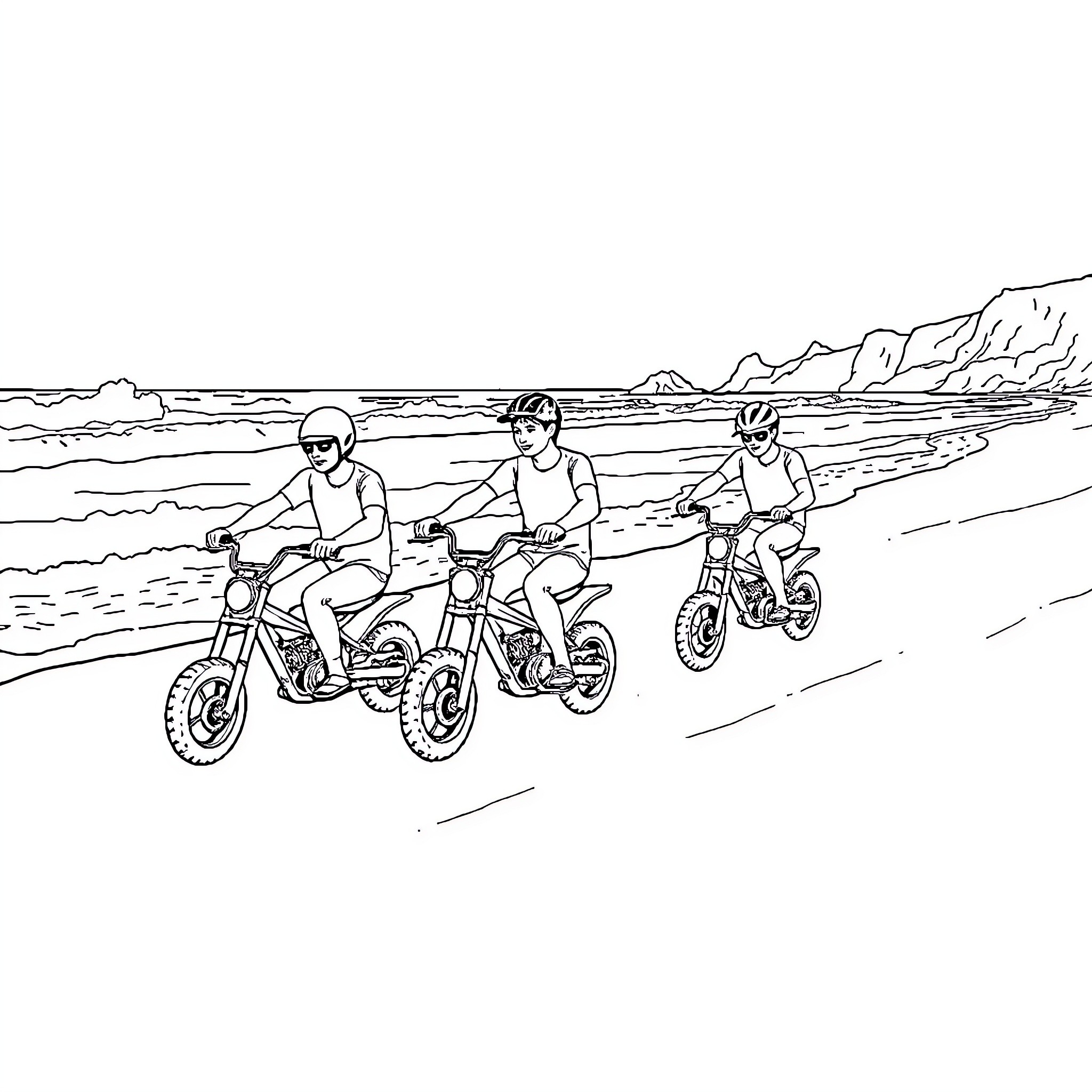 Guy riding motorized scooters on beach Coloring Page (free black-and-white line drawing printable PDF for all, from beginners to advanced learners, including children, teens, adults, and seniors)