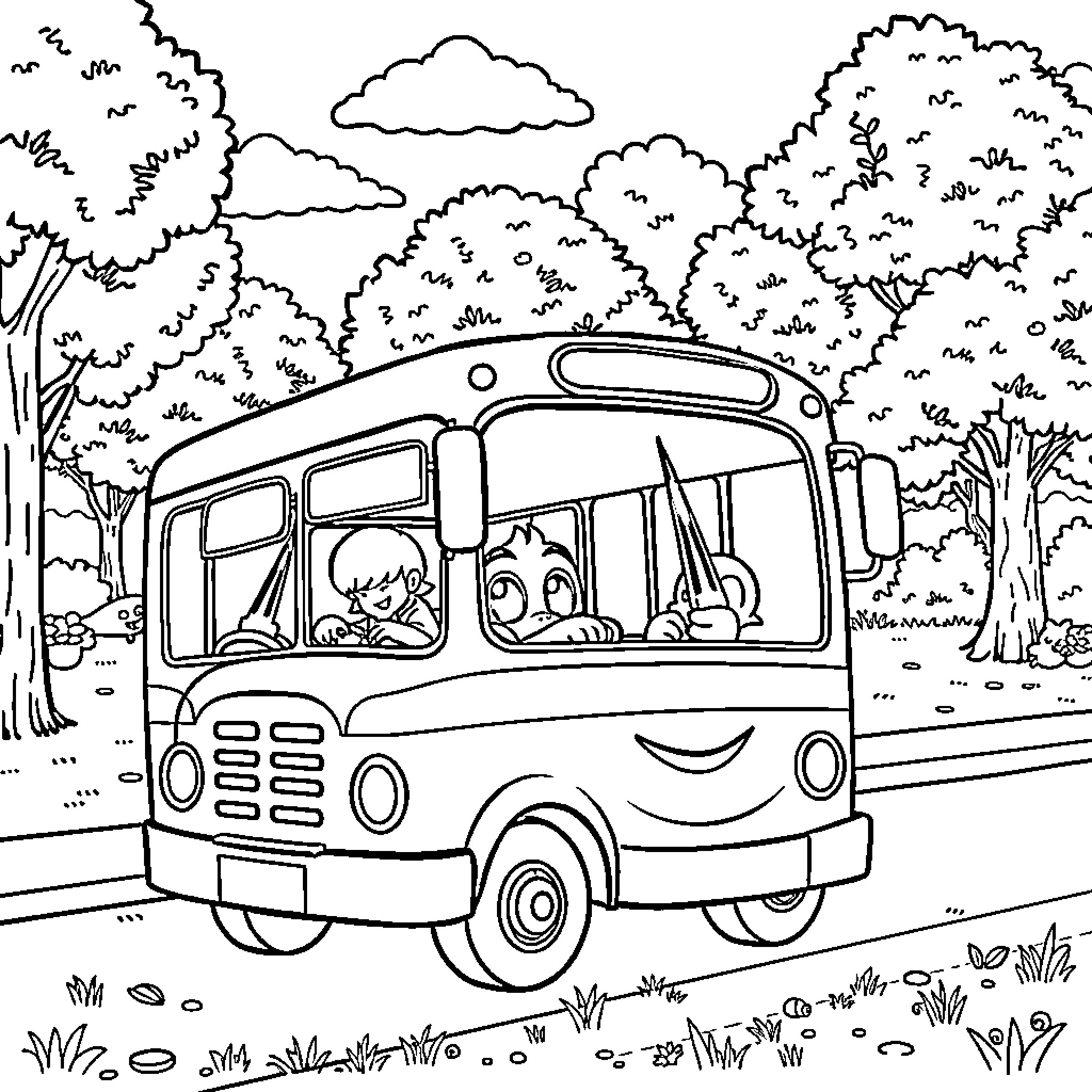 Tayo's Cheerful Bus Ride Through the Lush Countryside Coloring Page (free black-and-white line drawing printable PDF for all, from beginners to advanced learners, including children, teens, adults, and seniors)