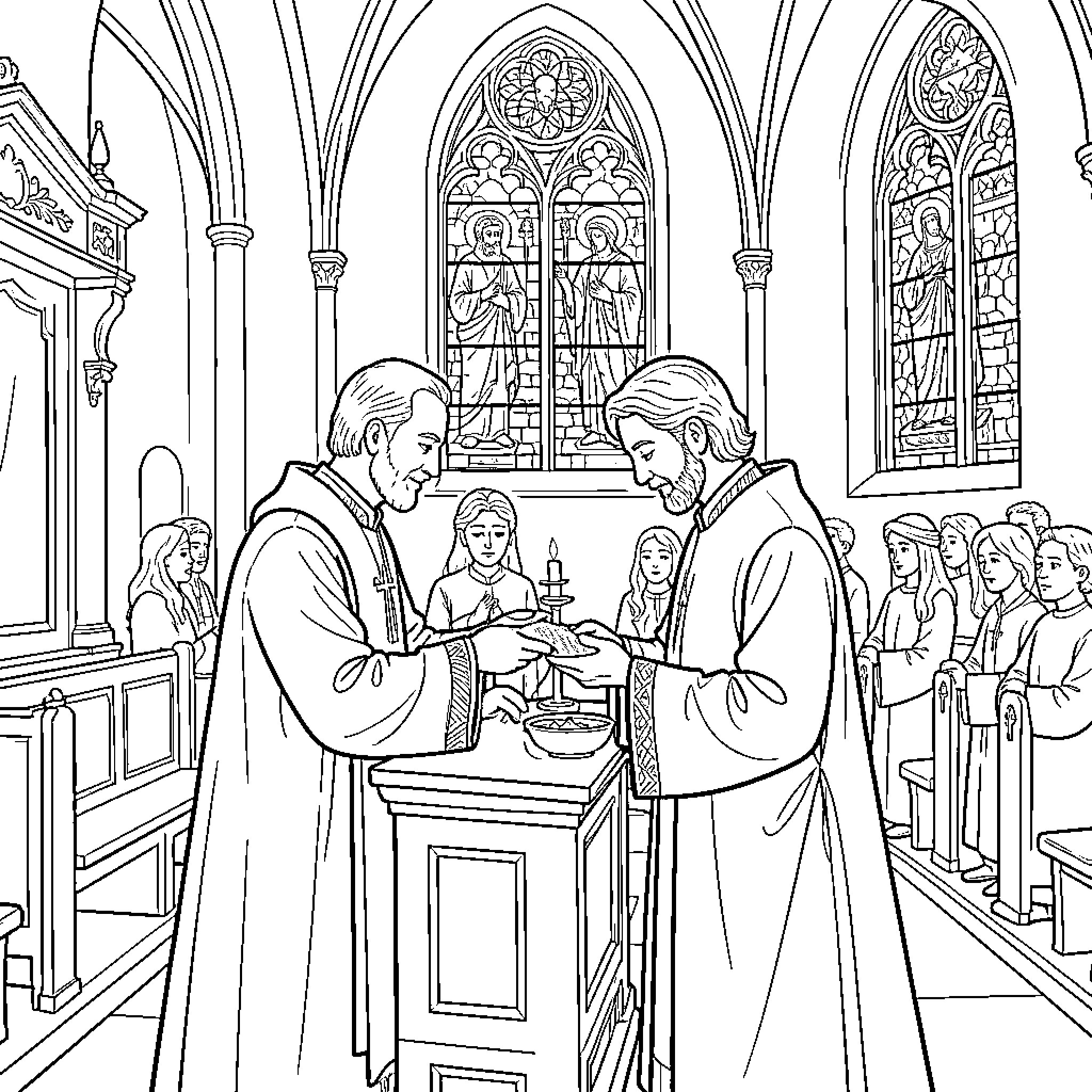Sacrament being performed by a priest in a church Coloring Page (free black-and-white line drawing printable PDF for all, from beginners to advanced learners, including children, teens, adults, and seniors)
