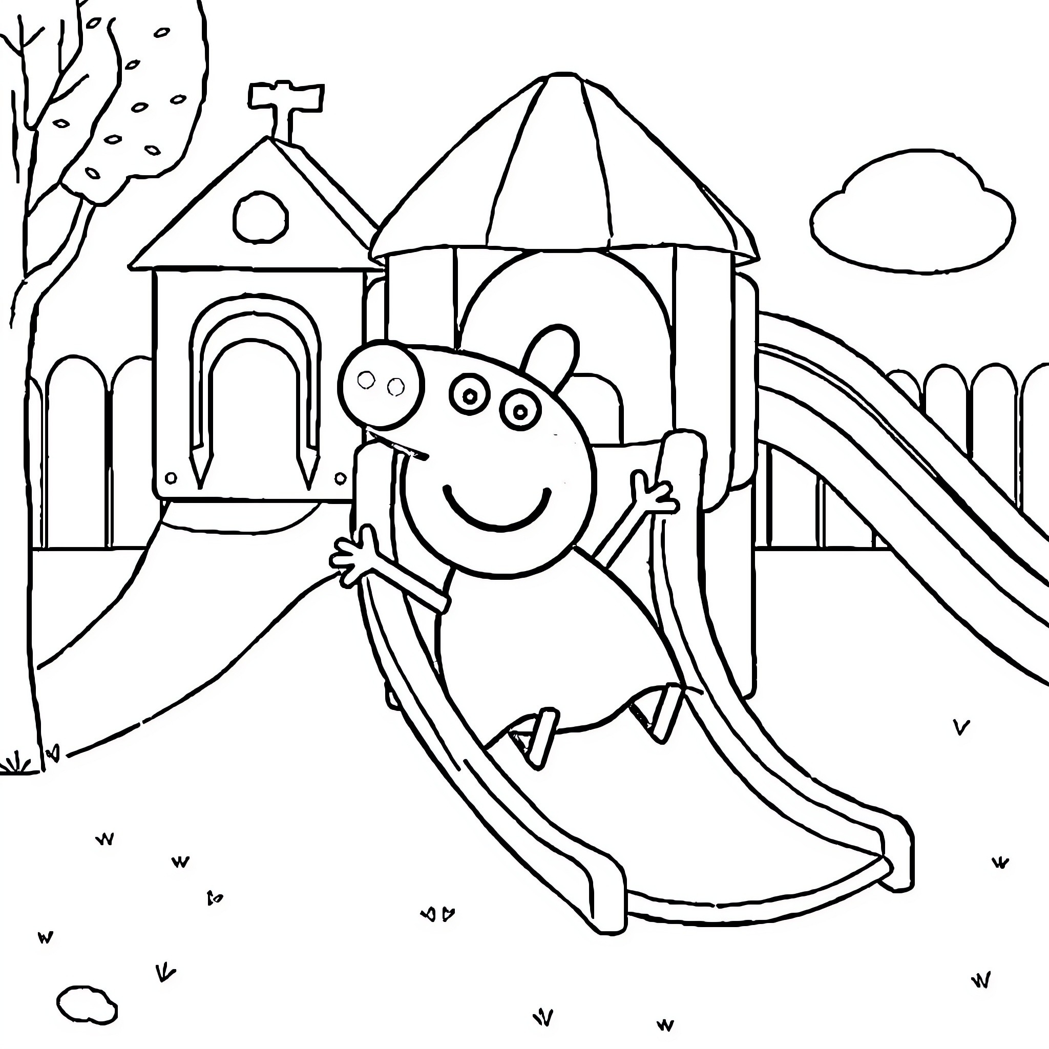 Peppa Pig playing on the playground equipment Coloring Page (free black-and-white line drawing printable PDF for all, from beginners to advanced learners, including children, teens, adults, and seniors)