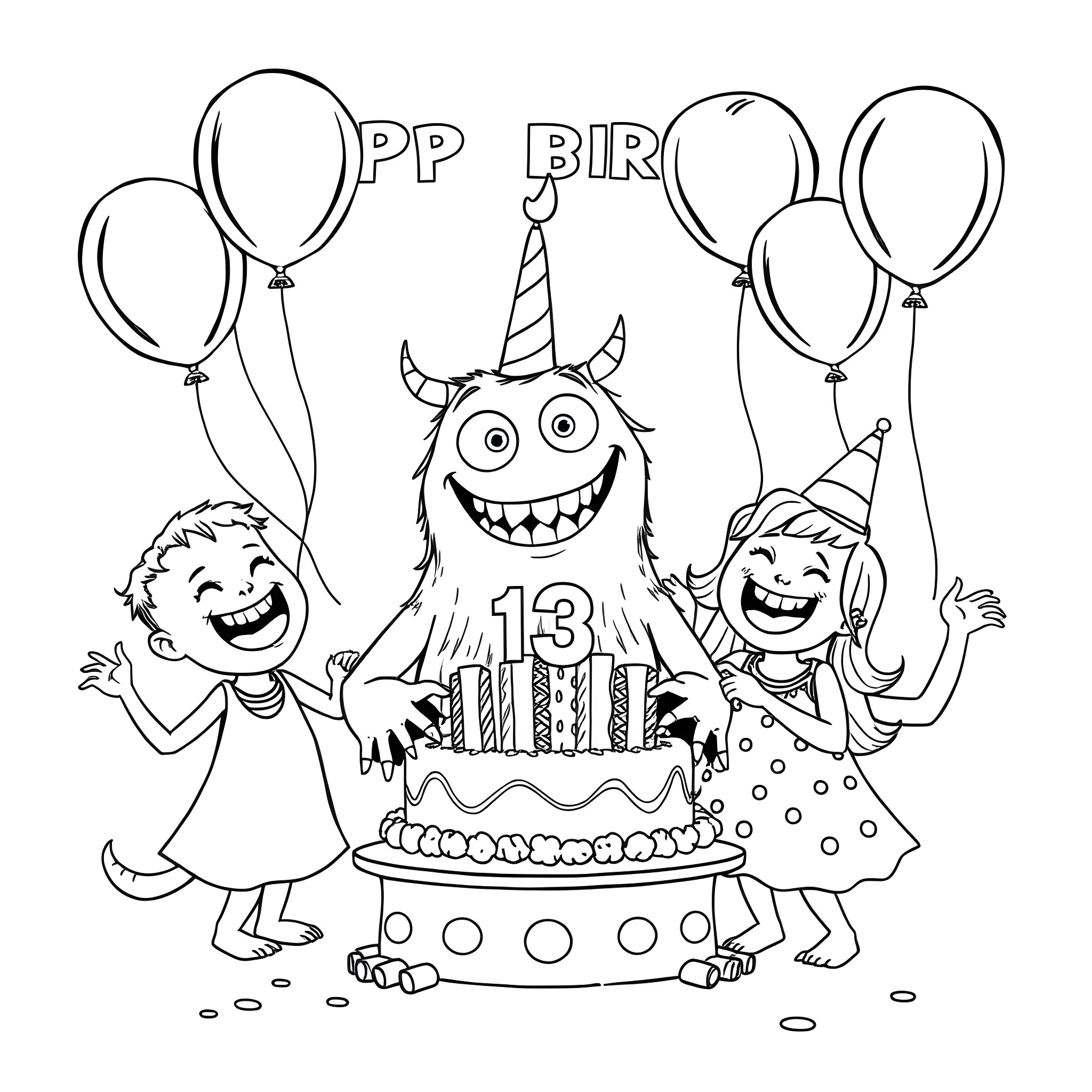 Monster celebrating 13th birthday with children and balloons Coloring Page (free black-and-white line drawing printable PDF for all, from beginners to advanced learners, including children, teens, adults, and seniors)