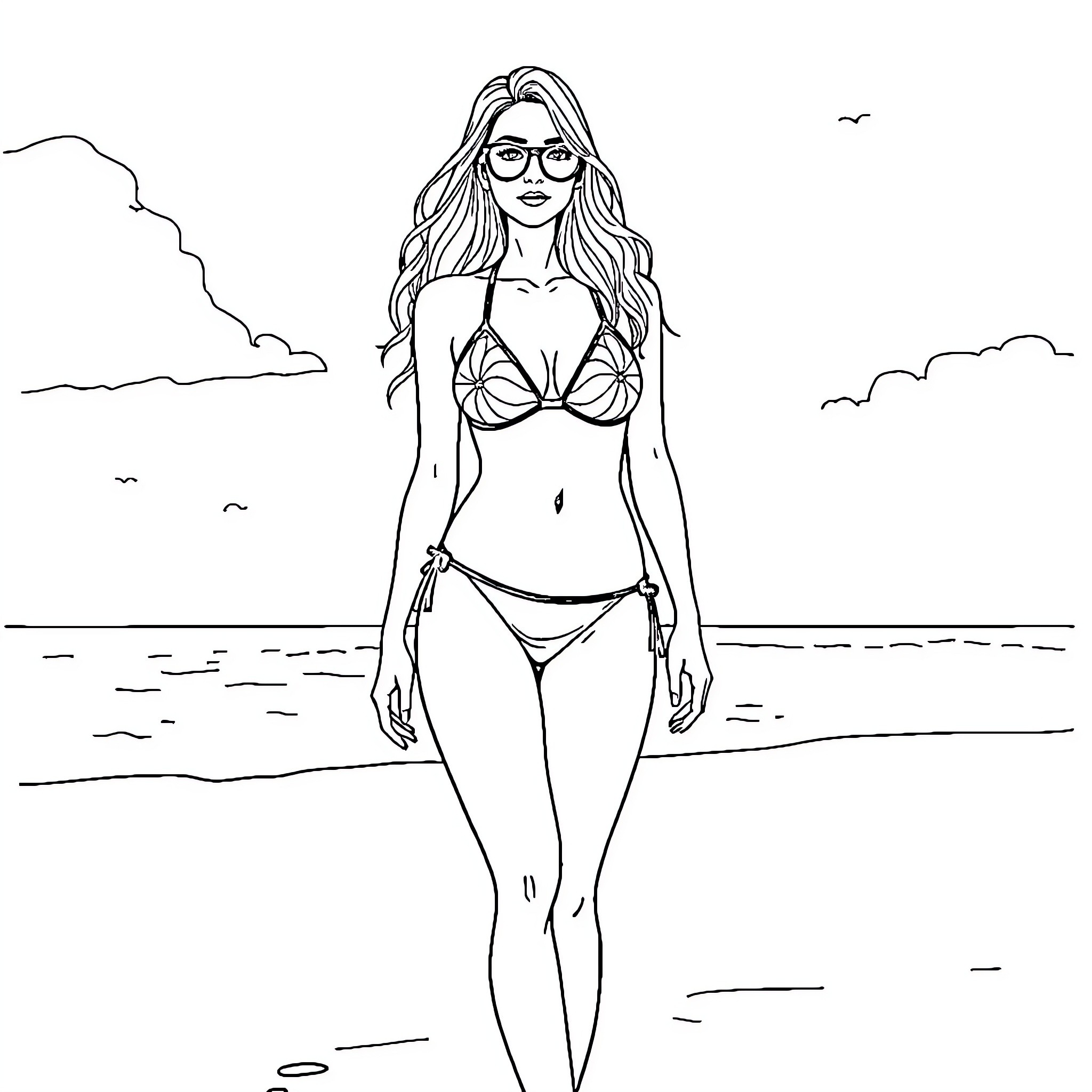 Bikini Woman Posing on the Beach Coloring Page (free black-and-white line drawing printable PDF for all, from beginners to advanced learners, including children, teens, adults, and seniors)