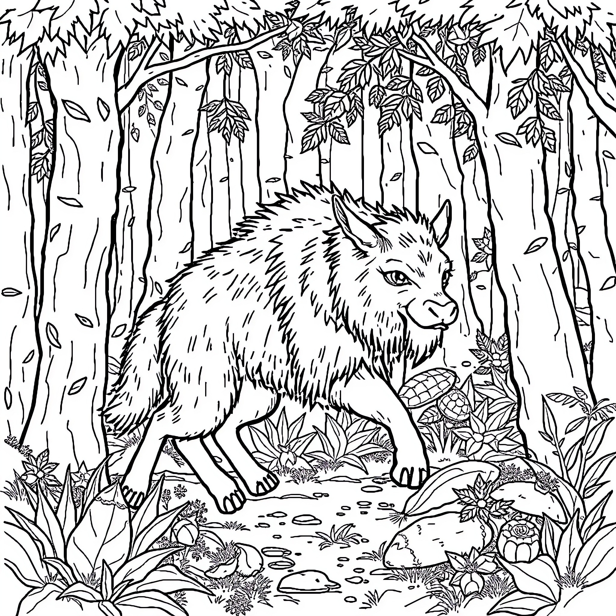 Wild Boar foraging in the dense forest Coloring Page (free black-and-white line drawing printable PDF for all, from beginners to advanced learners, including children, teens, adults, and seniors)