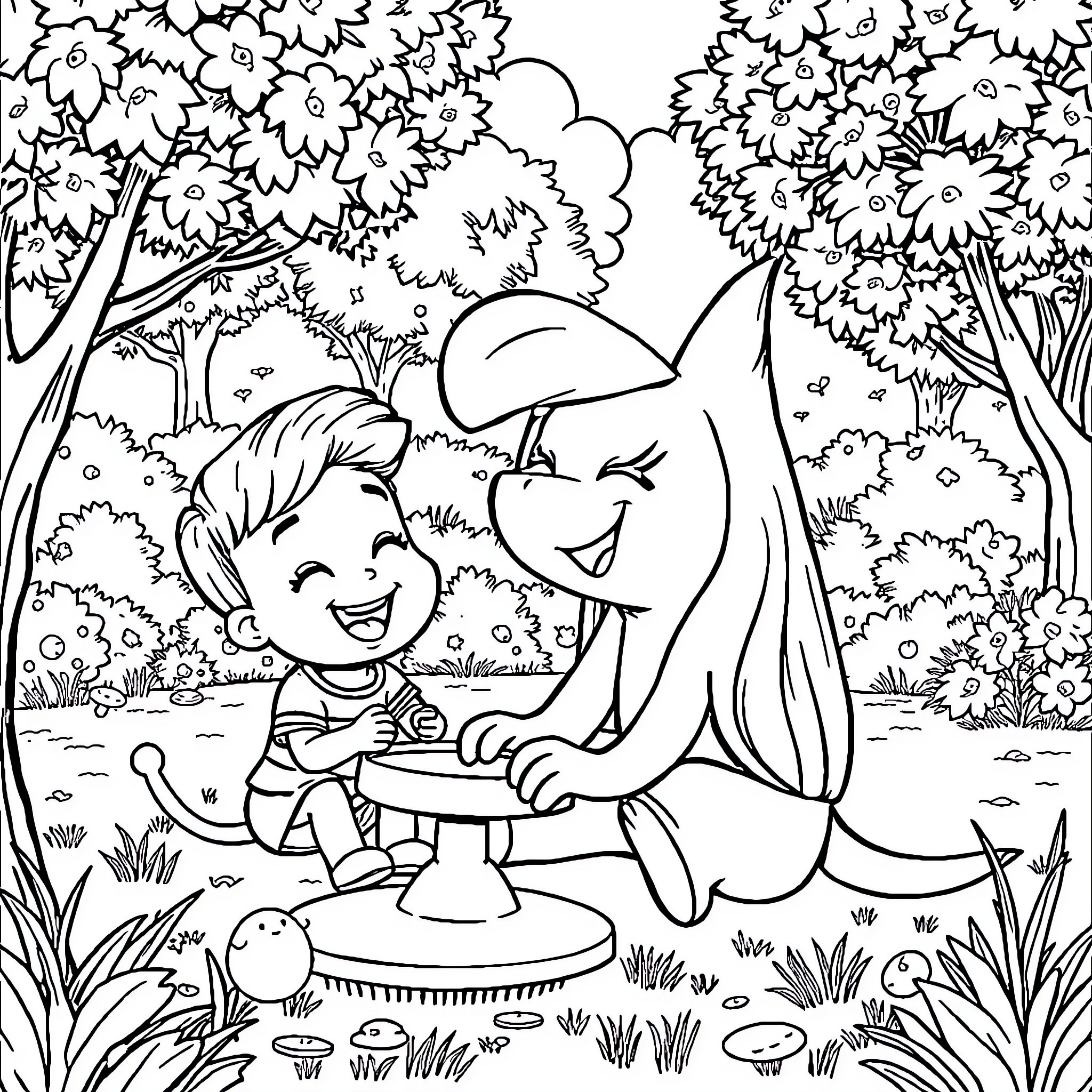 Marsha and her friend enjoy a magical forest scene Coloring Page (free black-and-white line drawing printable PDF for all, from beginners to advanced learners, including children, teens, adults, and seniors)
