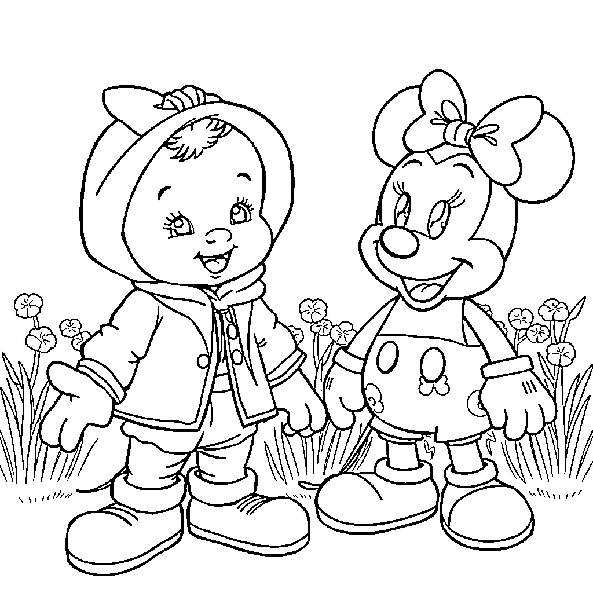 Monet's Cartoon Characters in Floral Meadow Coloring Page (free black-and-white line drawing printable PDF for all, from beginners to advanced learners, including children, teens, adults, and seniors)