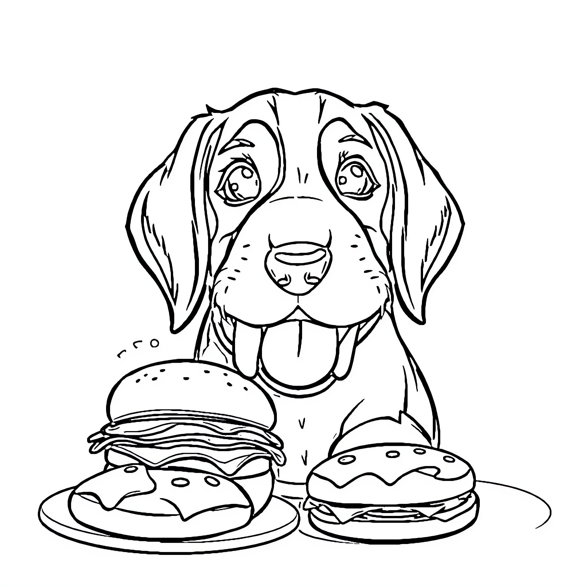 Beagle enjoys tasty burgers Coloring Page (free black-and-white line drawing printable PDF for all, from beginners to advanced learners, including children, teens, adults, and seniors)