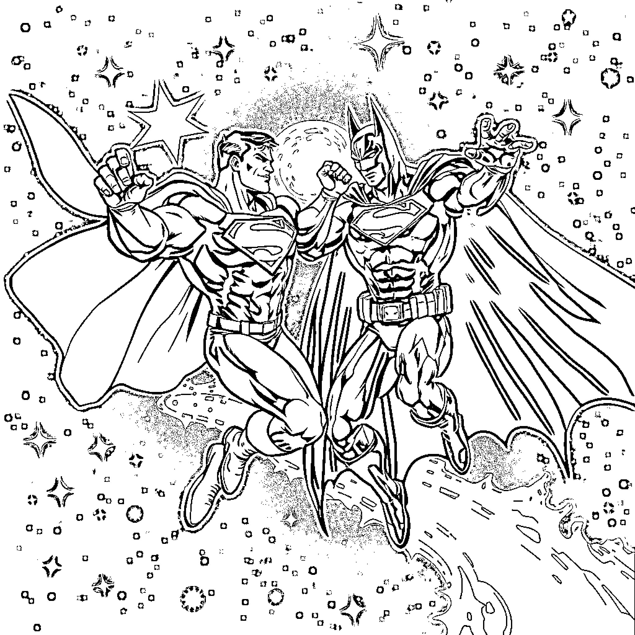 Superman and Batman fighting heroic battle in the sky Coloring Page (free black-and-white line drawing printable PDF for all, from beginners to advanced learners, including children, teens, adults, and seniors)