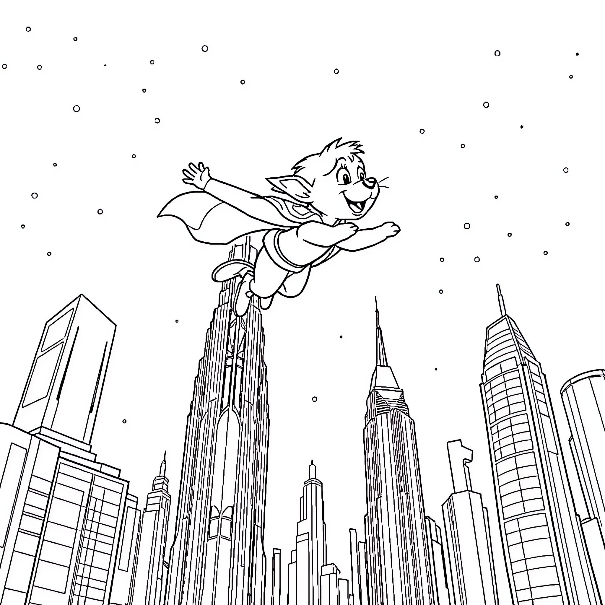 Child flying over cityscape with skyscrapers Coloring Page (free black-and-white line drawing printable PDF for all, from beginners to advanced learners, including children, teens, adults, and seniors)