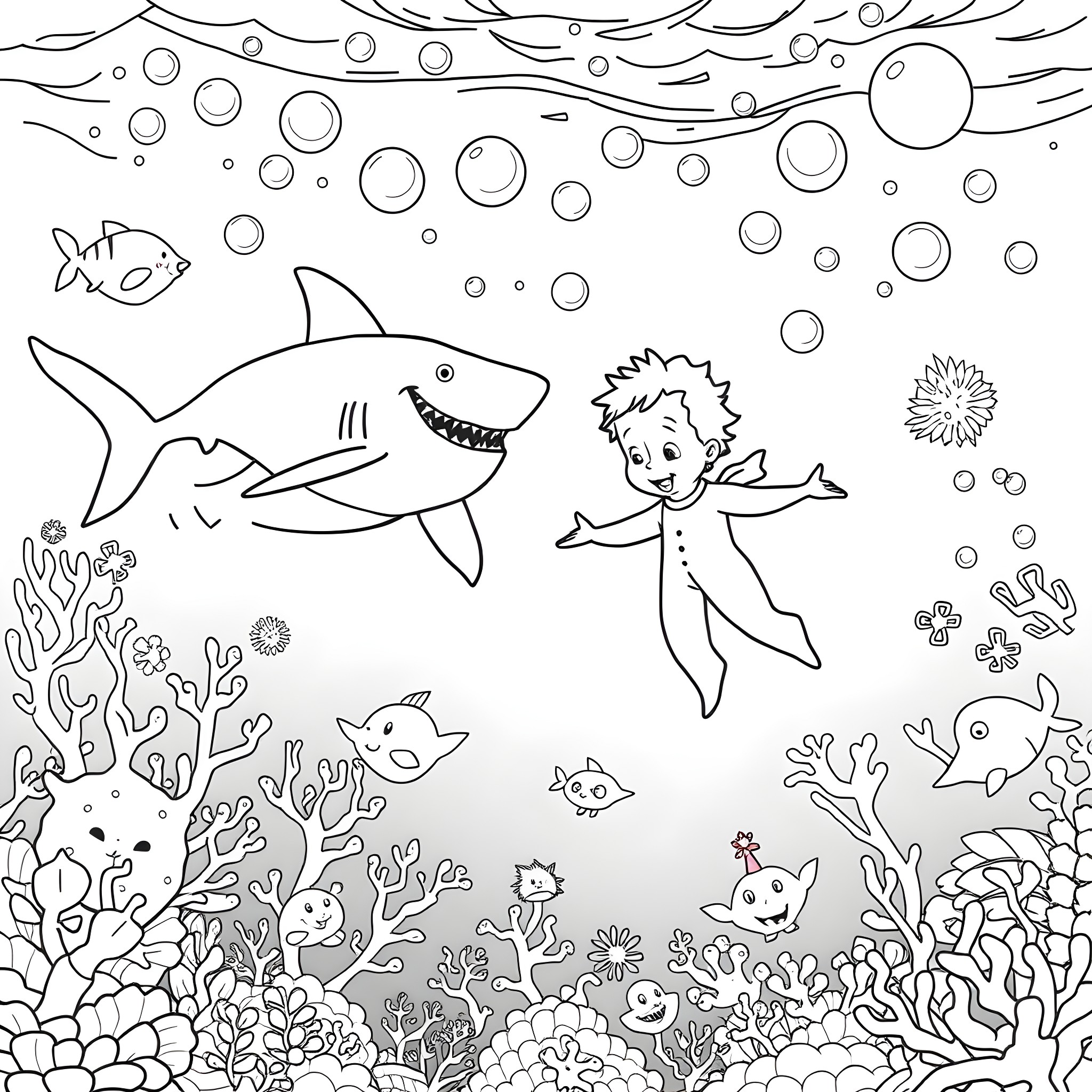Prince Exploring the Underwater World with Sharks and Creatures Coloring Page (free black-and-white line drawing printable PDF for all, from beginners to advanced learners, including children, teens, adults, and seniors)