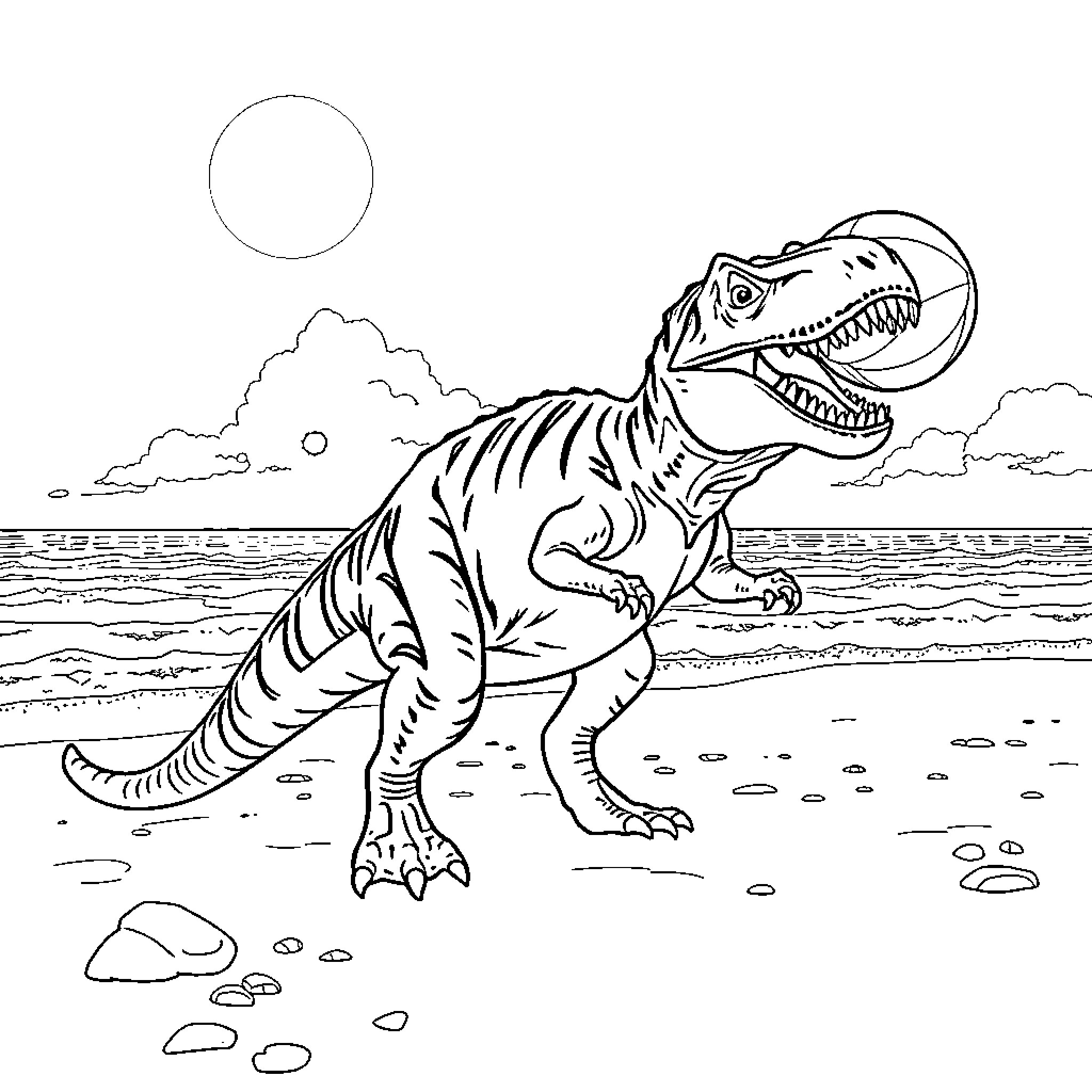 T-Rex roaming along the beach Coloring Page (free black-and-white line drawing printable PDF for all, from beginners to advanced learners, including children, teens, adults, and seniors)