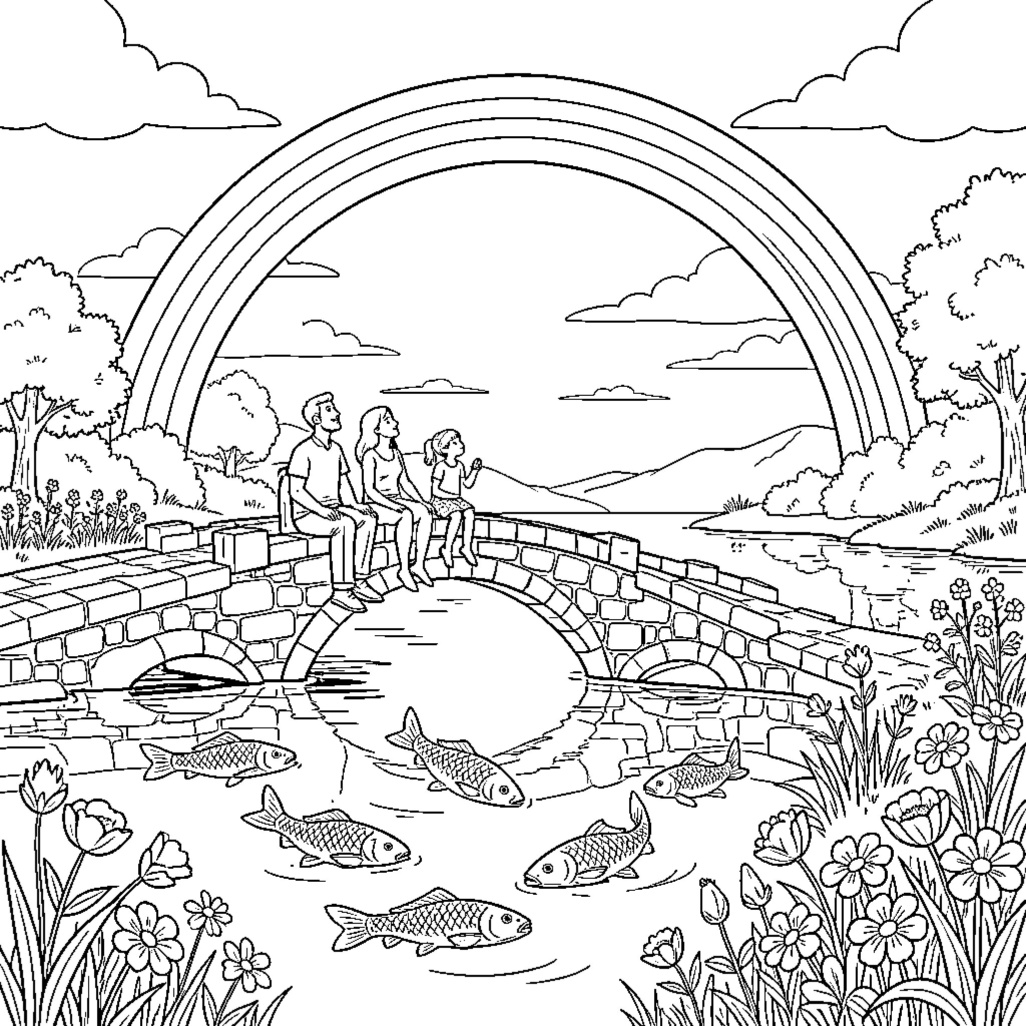 Lake scenery with a family watching a rainbow Coloring Page (free black-and-white line drawing printable PDF for all, from beginners to advanced learners, including children, teens, adults, and seniors)