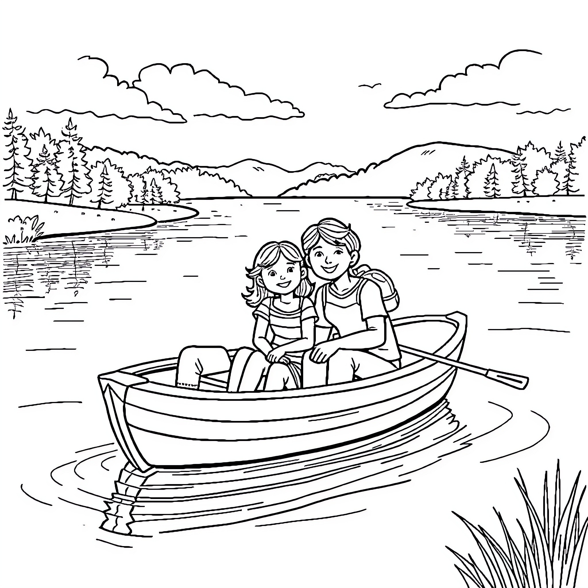 Family enjoying a serene boat ride on the lake Coloring Page (free black-and-white line drawing printable PDF for all, from beginners to advanced learners, including children, teens, adults, and seniors)