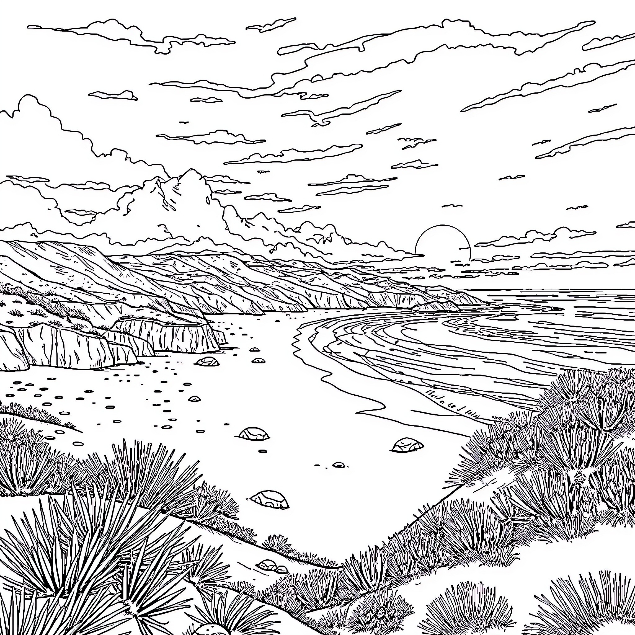 Beach sunset with dramatic clouds and landscape Coloring Page (free black-and-white line drawing printable PDF for all, from beginners to advanced learners, including children, teens, adults, and seniors)