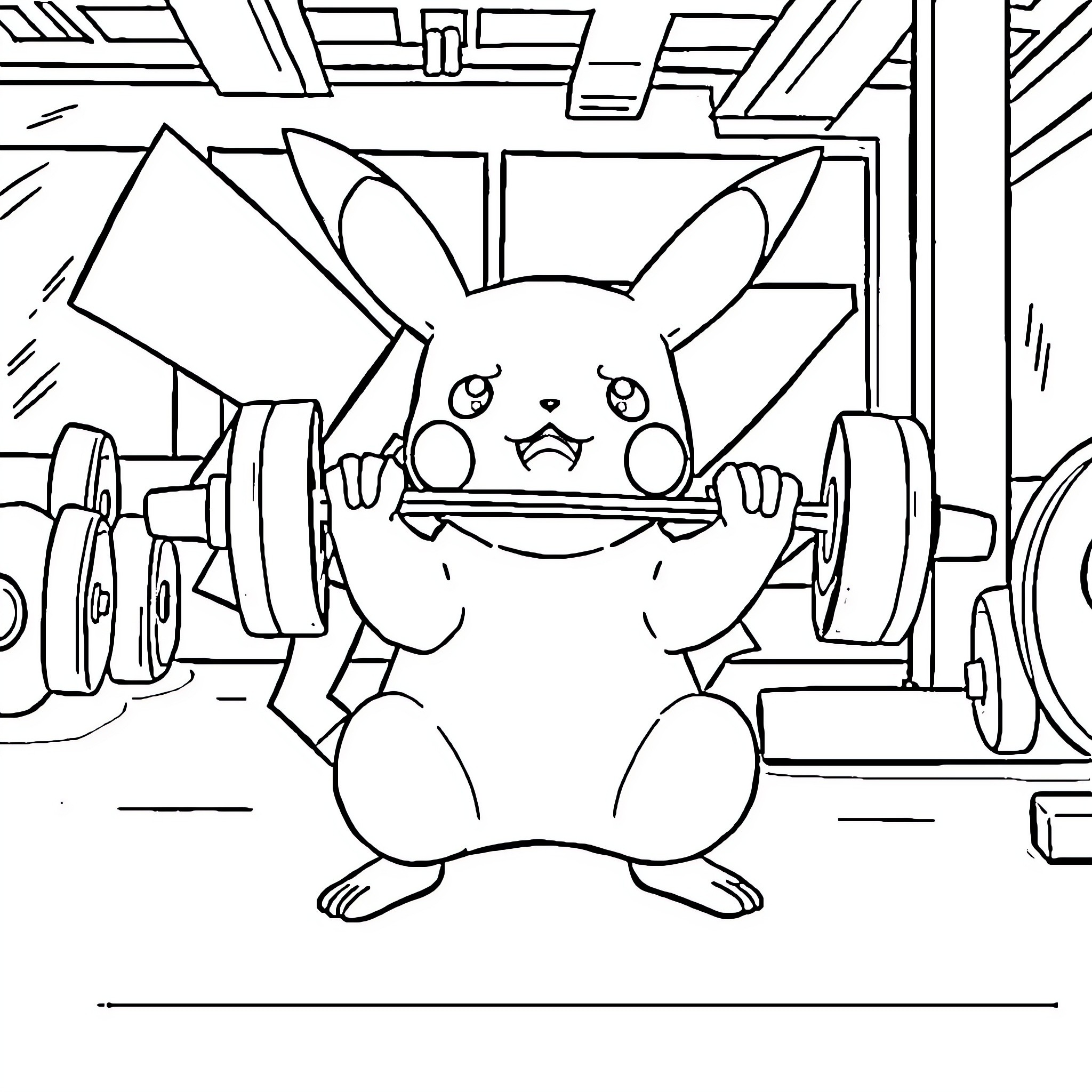 Pikachu exercising with weights in the gym Coloring Page (free black-and-white line drawing printable PDF for all, from beginners to advanced learners, including children, teens, adults, and seniors)