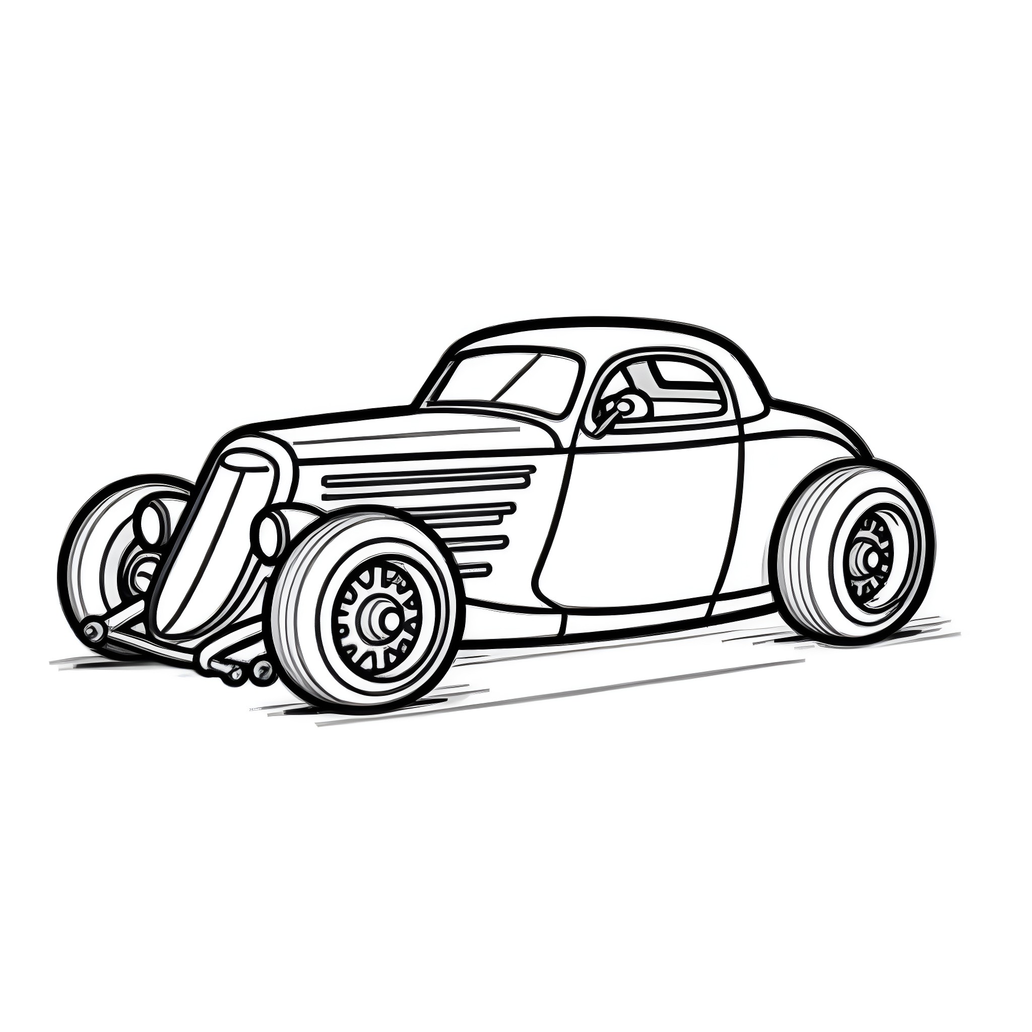 Hotrod with stylish design and oversized wheels Coloring Page (free black-and-white line drawing printable PDF for all, from beginners to advanced learners, including children, teens, adults, and seniors)